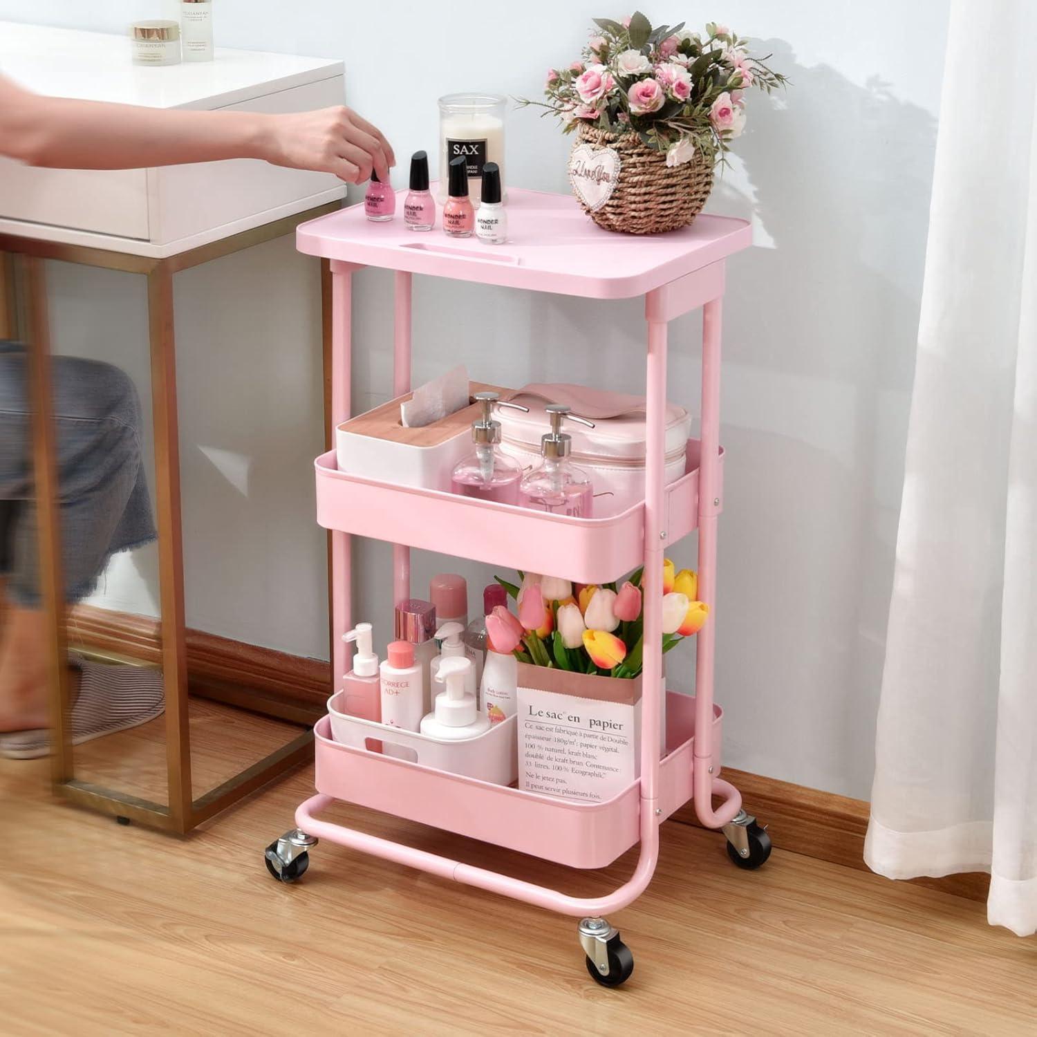 Pink 3-Tier Plastic and Metal Rolling Utility Cart