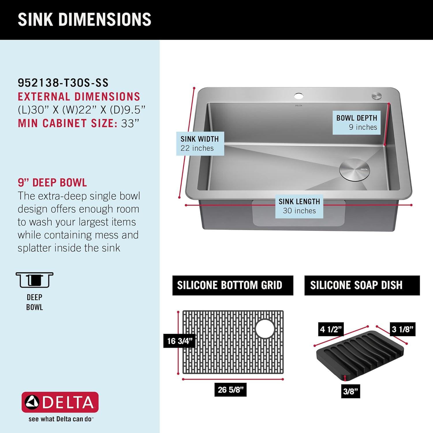 Delta 30" Stainless Steel Drop-In Single Bowl Kitchen Sink with Accessories