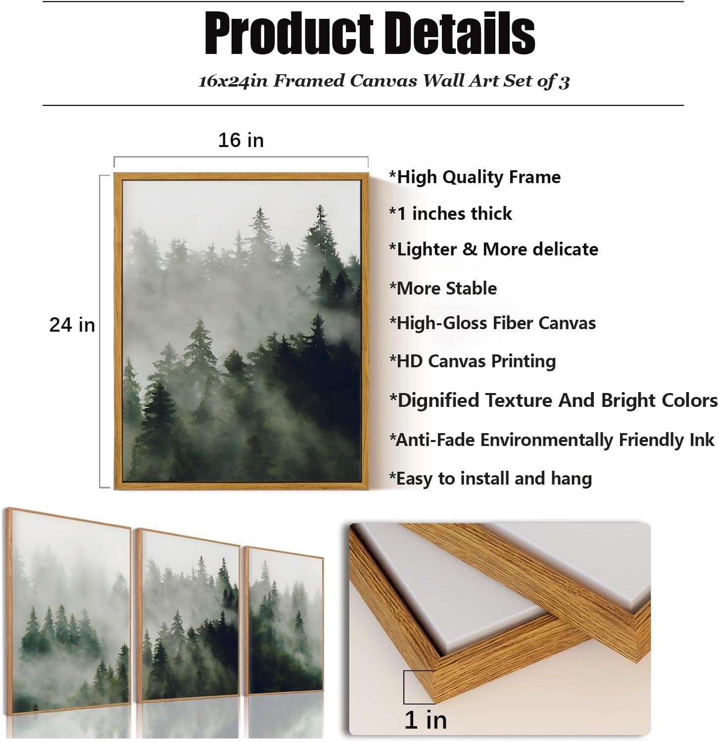 Misty Forest Landscape Green Pine Tree Nature Modern Pictures Framed Canvas 3 Pieces Print Wall Art