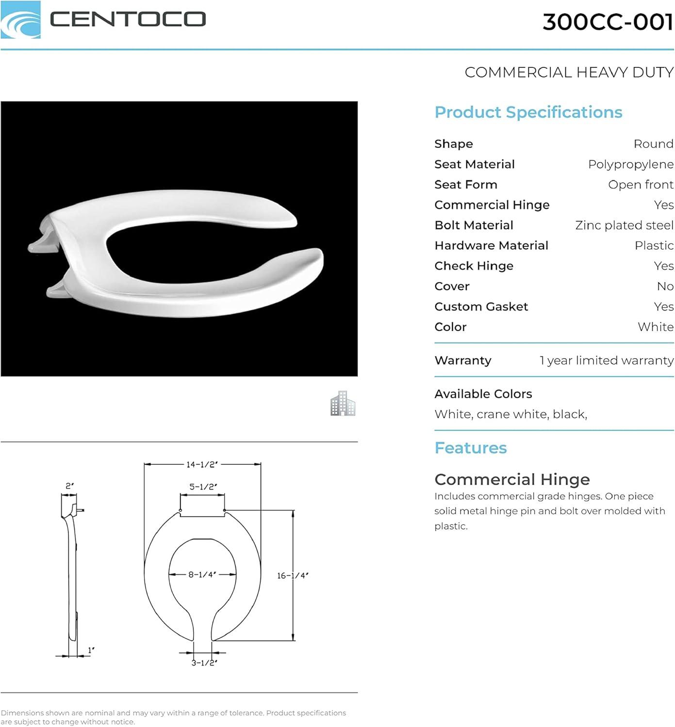 White Heavy-Duty Round Open Front Toilet Seat with Metal Hinges