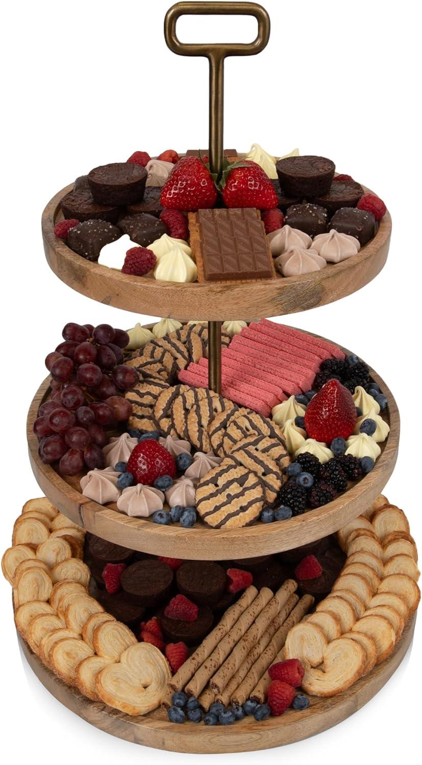 Rustic Medium Wood and Iron 3-Tier Serving Tray