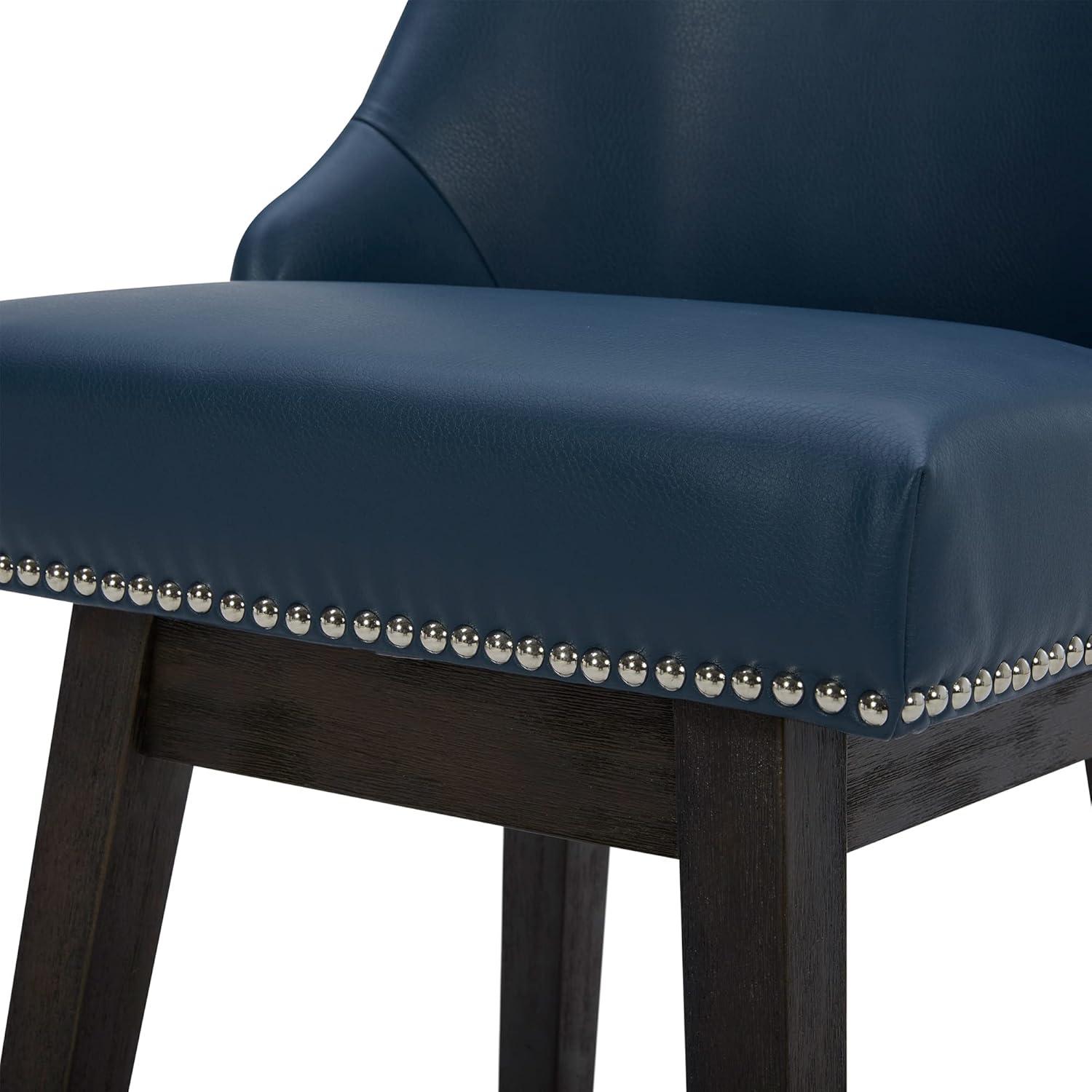 CHITA 26 in Upholstered Swivel Counter Bar Stools with Back&Wood Legs Set of 2, Faux Leather in Dark Blue