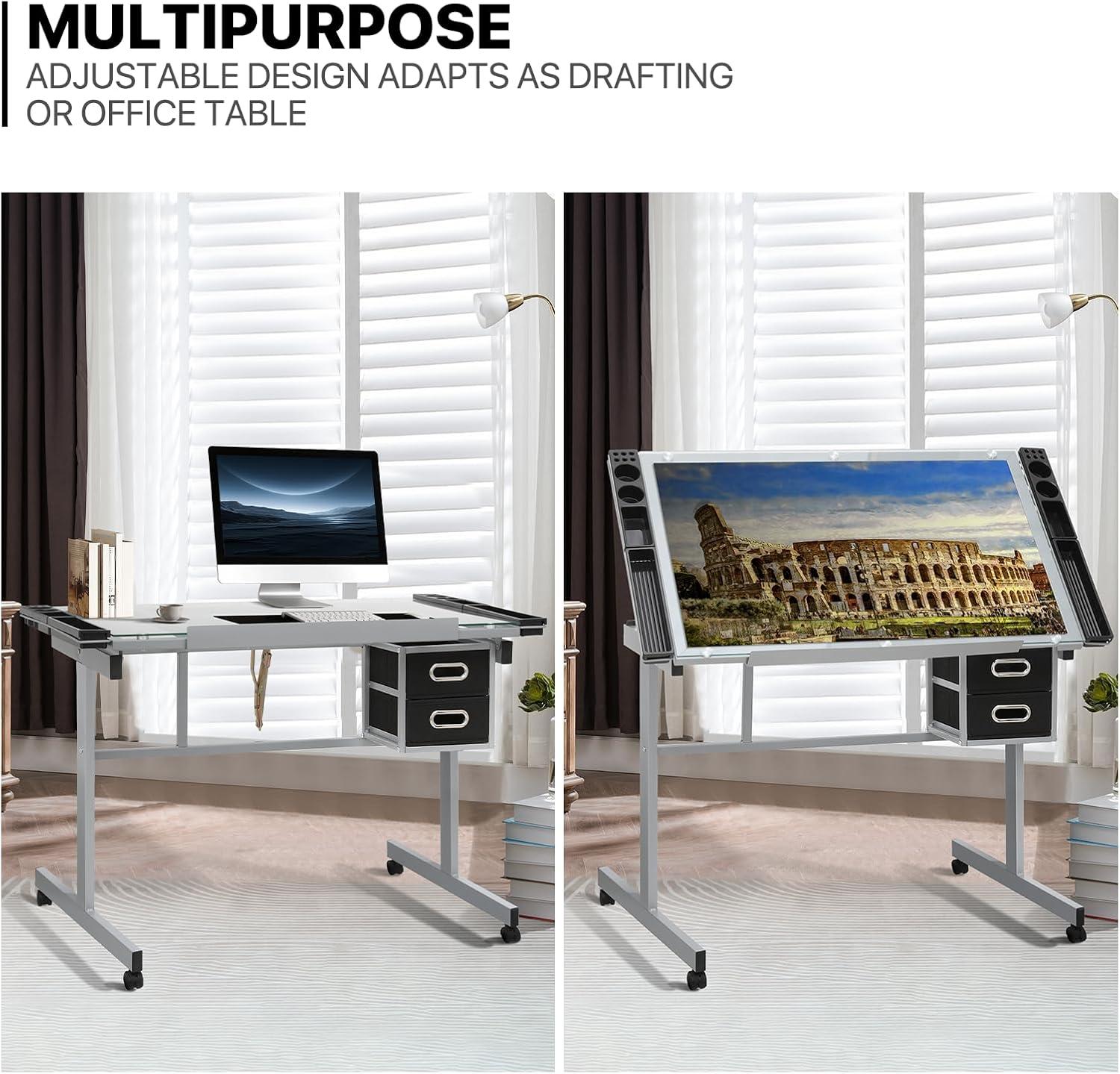 LIQI Drafting Table on Wheels with Storage & Side Tray - Adjustable 0-65° Glass Tabletop, Replaceable Feet Art Desk
