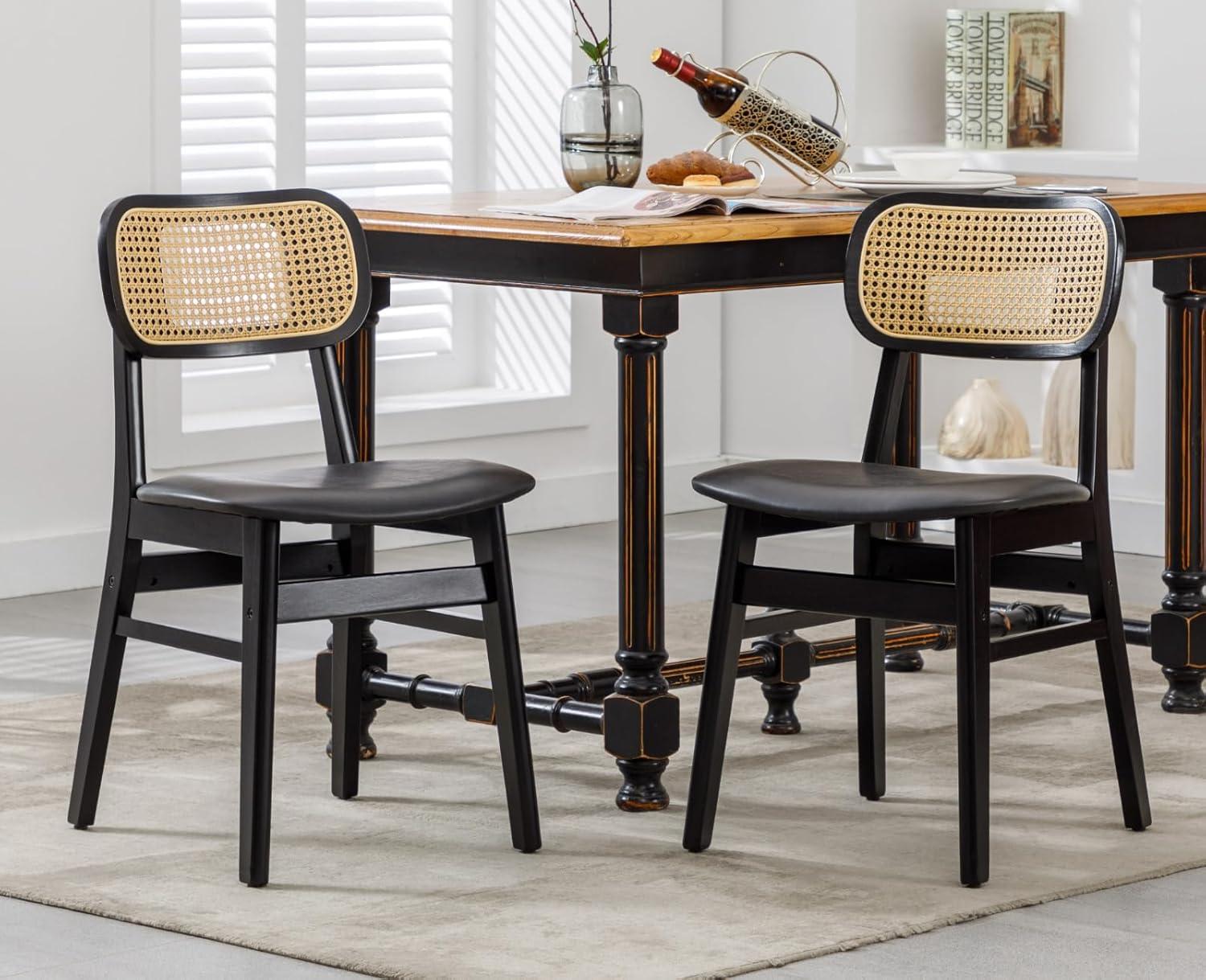 Upholstered Faux Leather Seat Rattan Back Dining Chair, Solid Wood Frame Side Chair For Living Room