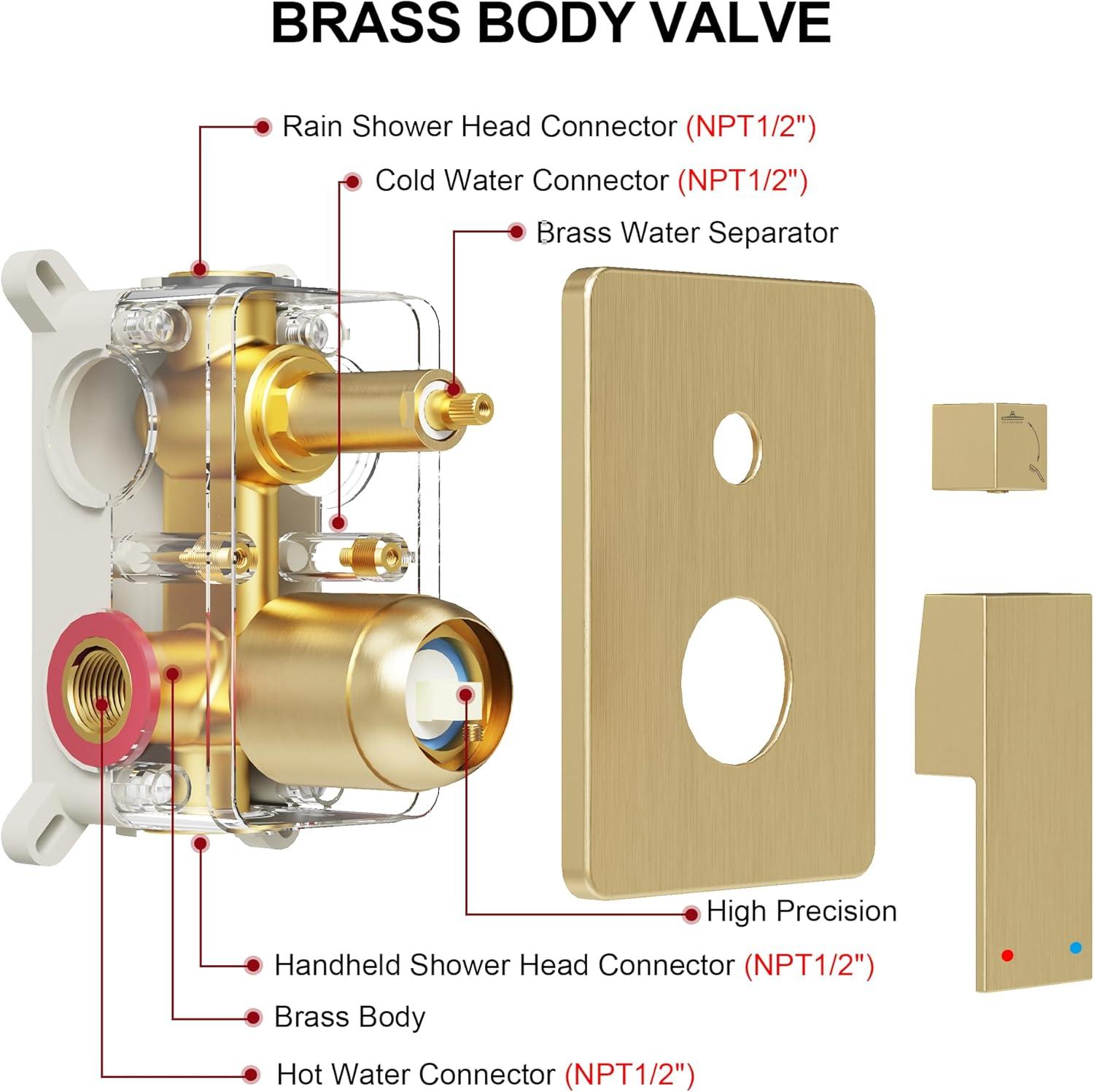 Shower system, 12" (approx. 30.5 cm) rain shower head and handheld spray bathroom shower unit with brass valve and wall trim kit Gold