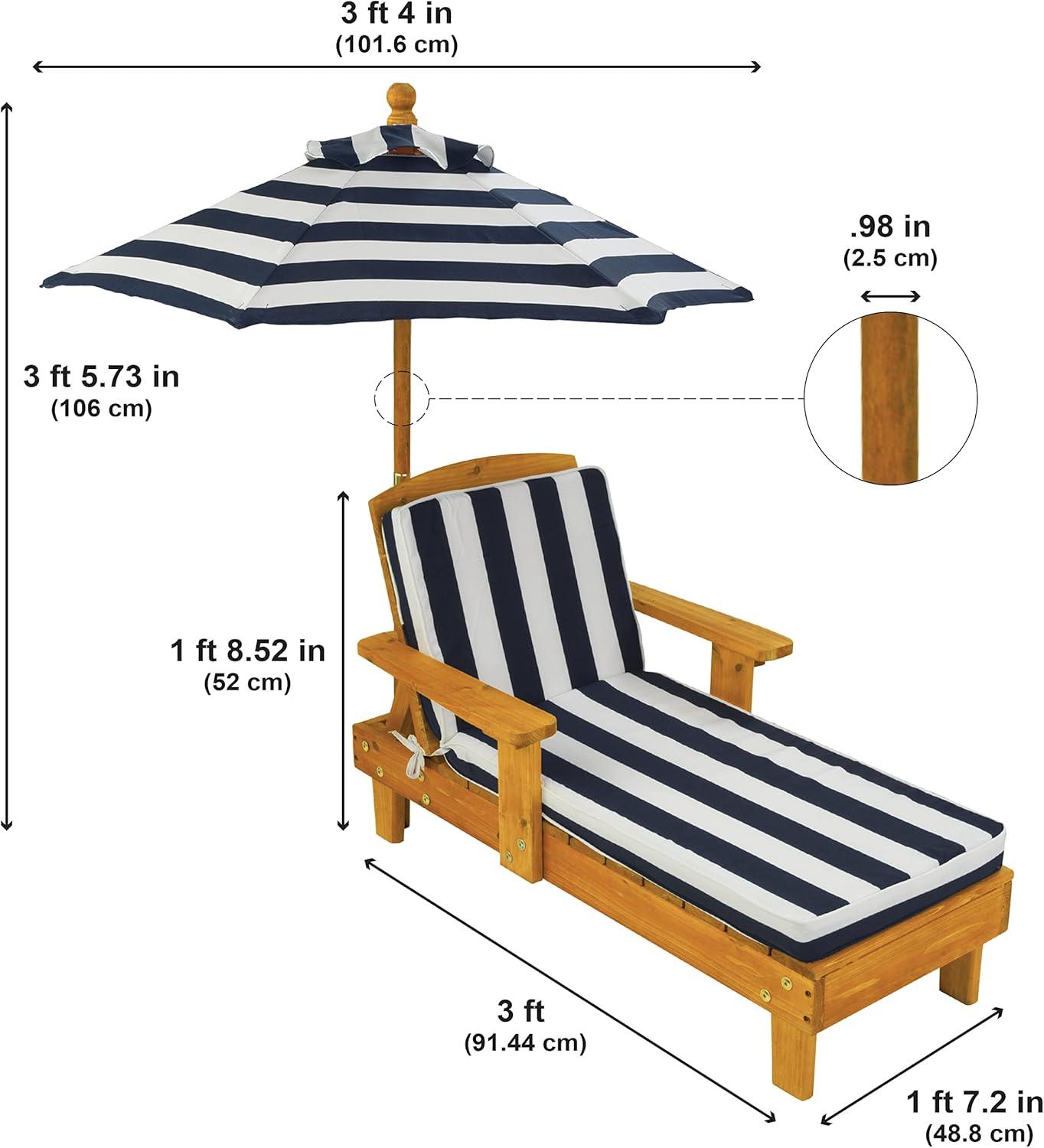 Seaside Honey Wood Kid's Chaise Lounger with Navy & White Cushion