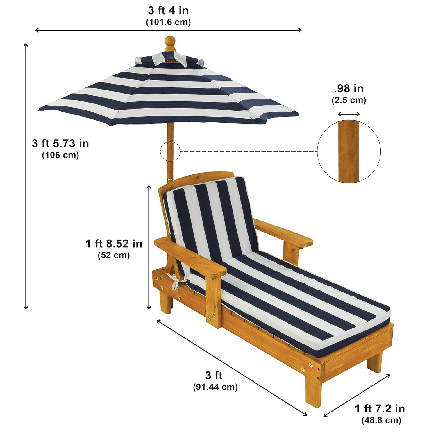 KidKraft Outdoor Wood Chaise Children's Chair with Umbrella and Cushion, Navy and White