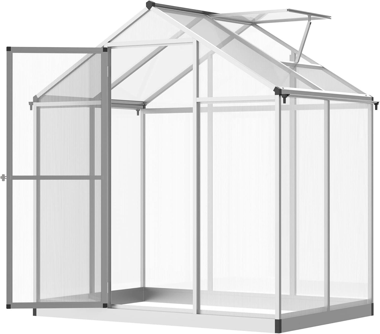 Outsunny Walk-In Polycarbonate Greenhouse with Roof Vent for Ventilation & Rain Gutter, Hobby Greenhouse for Winter