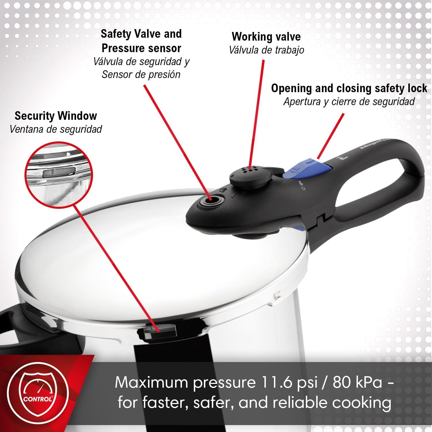 MAGEFESA Favorit Six Fast-Cooking Pressure Cooker Set, 3.2 Qt & 6.3 Qt, Stainless Steel, Induction Compatible, Heat Diffuser Base, 5 Safety Systems – Special Edition (Steam Basket, Lid & Recipe Book)