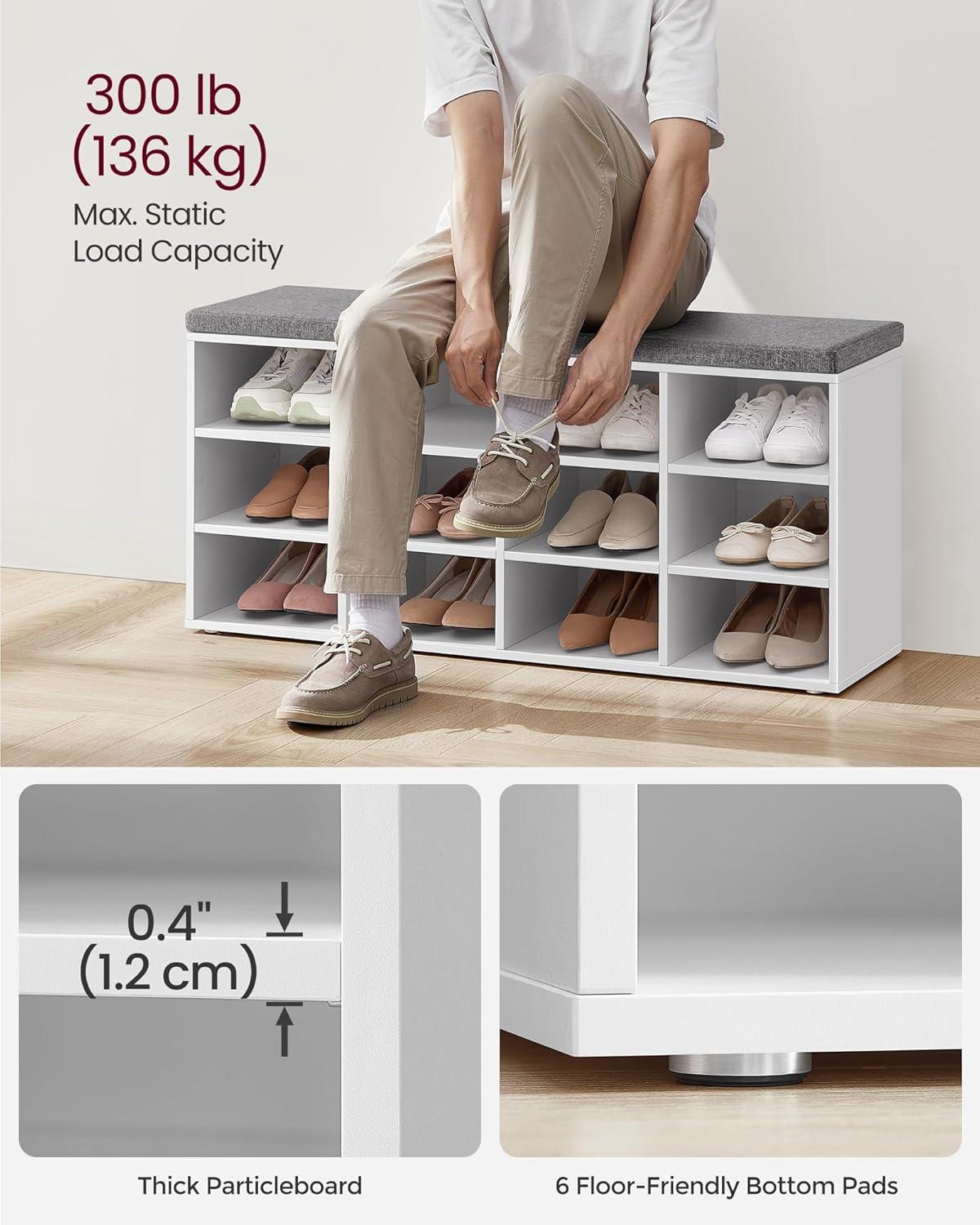 VASAGLE CUSTOS Collection - Shoe Bench, Storage Bench with Padded Seat, Entryway Bench with 12 Compartments, for Bedroom, 11.9 x 40.9 x 18.9 Inches, Cloud White and Slate Gray ULHS012W14