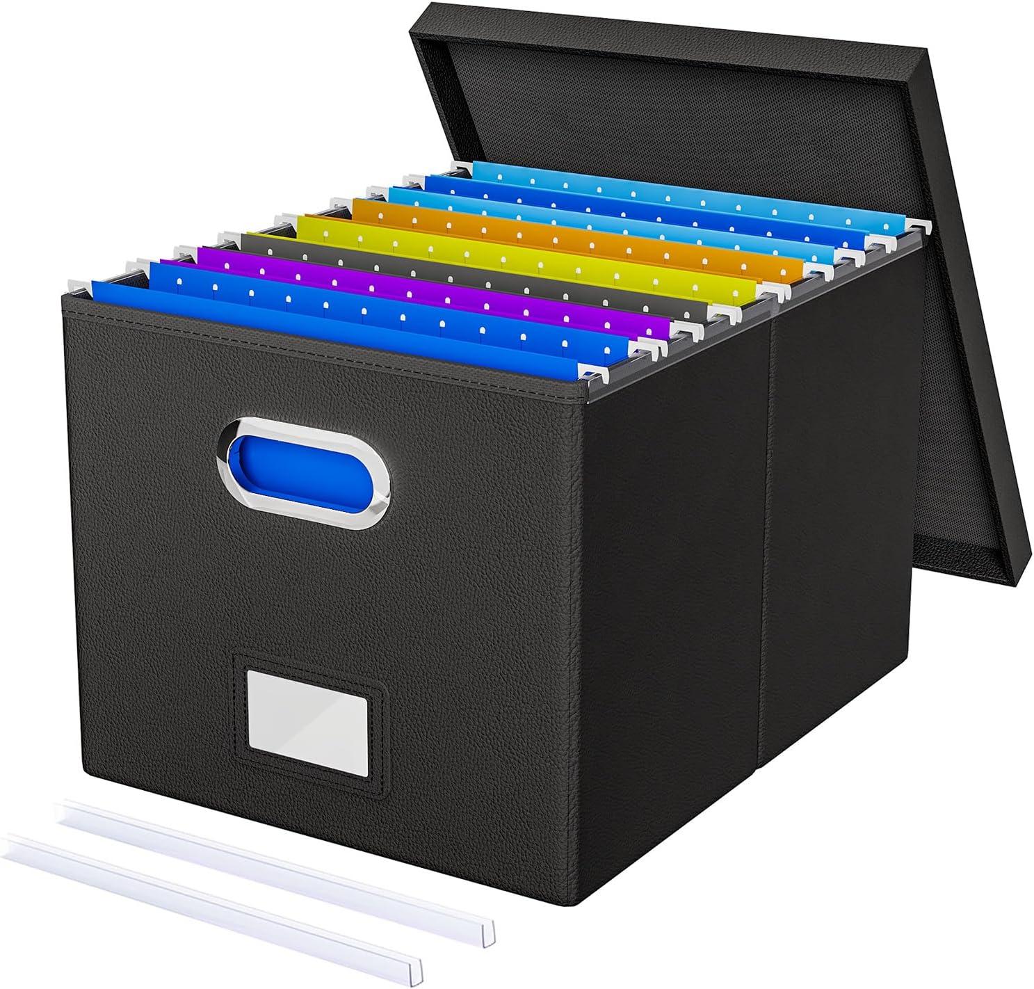 Gijjgole Collapsible Faux Leather Hanging File Folder Box Organizer with lid and Plastic Slides, Black