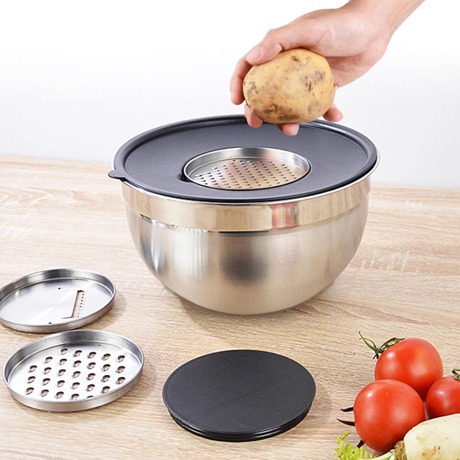 6-Piece Black Stainless Steel Mixing Bowl Set with Lids and Graters
