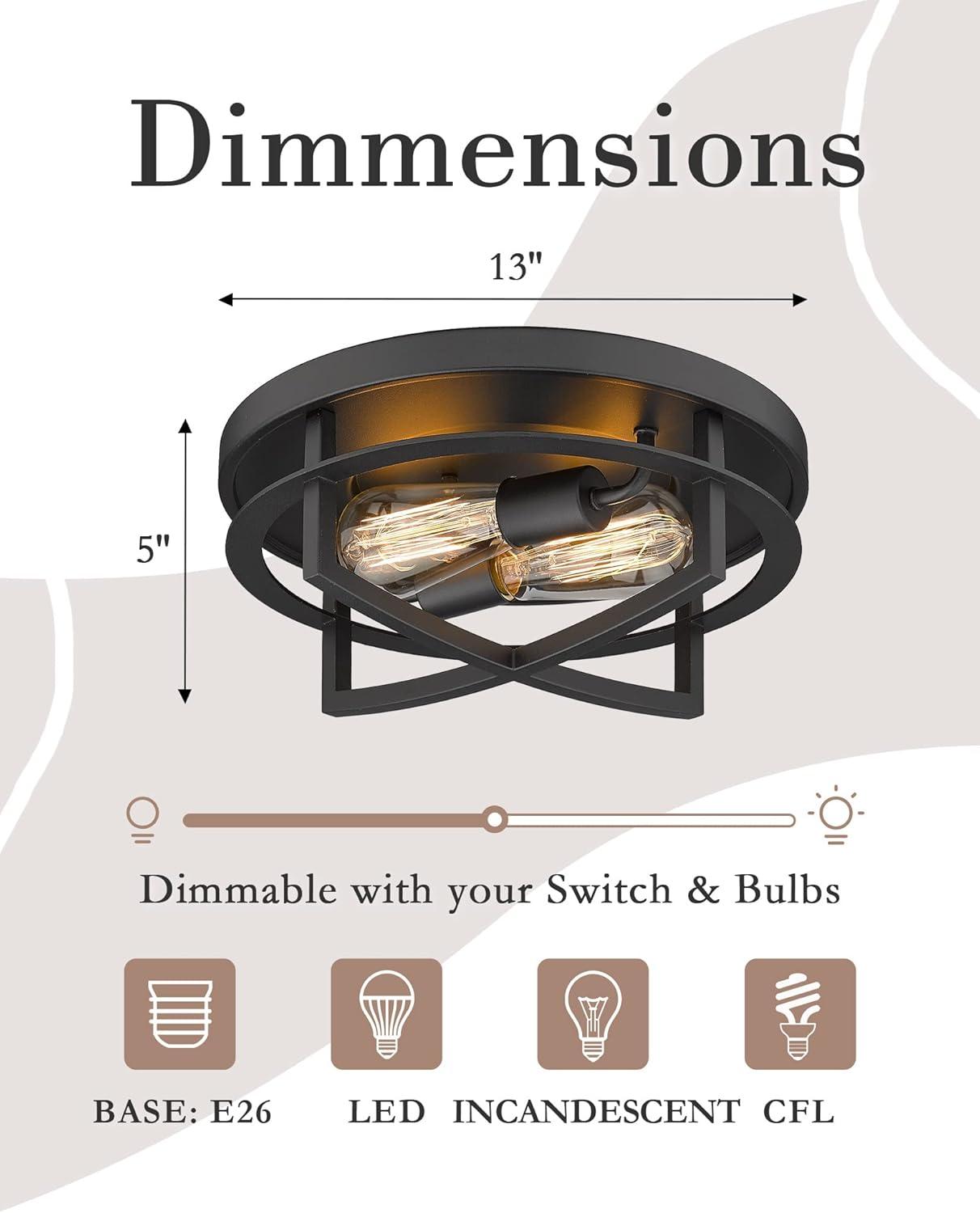 Ceiling Light Fixture,2-Light Farmhouse Flush Mount Ceiling Light for Hallway Foyer Bedroom,13 inch Black Finish,4FW01-F BK