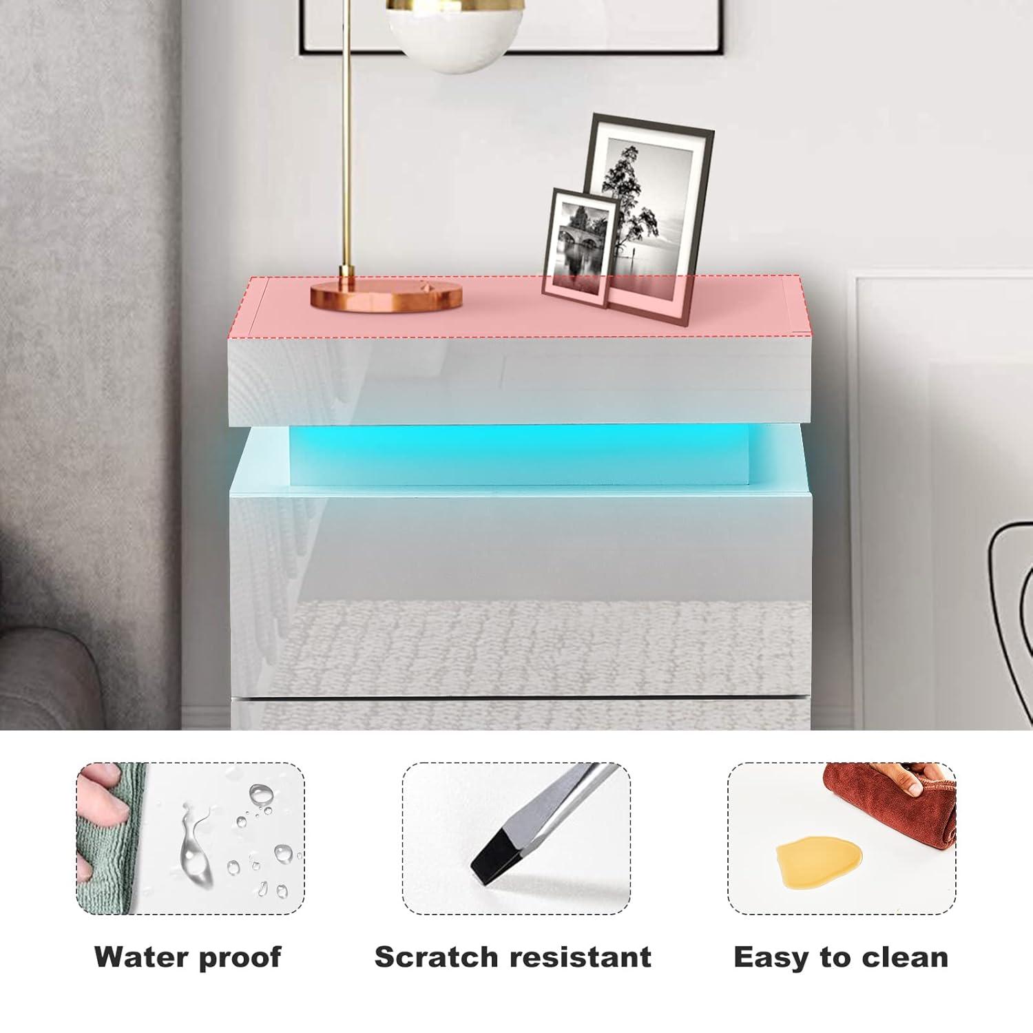 White High Gloss 3-Drawer Nightstand with LED Lights