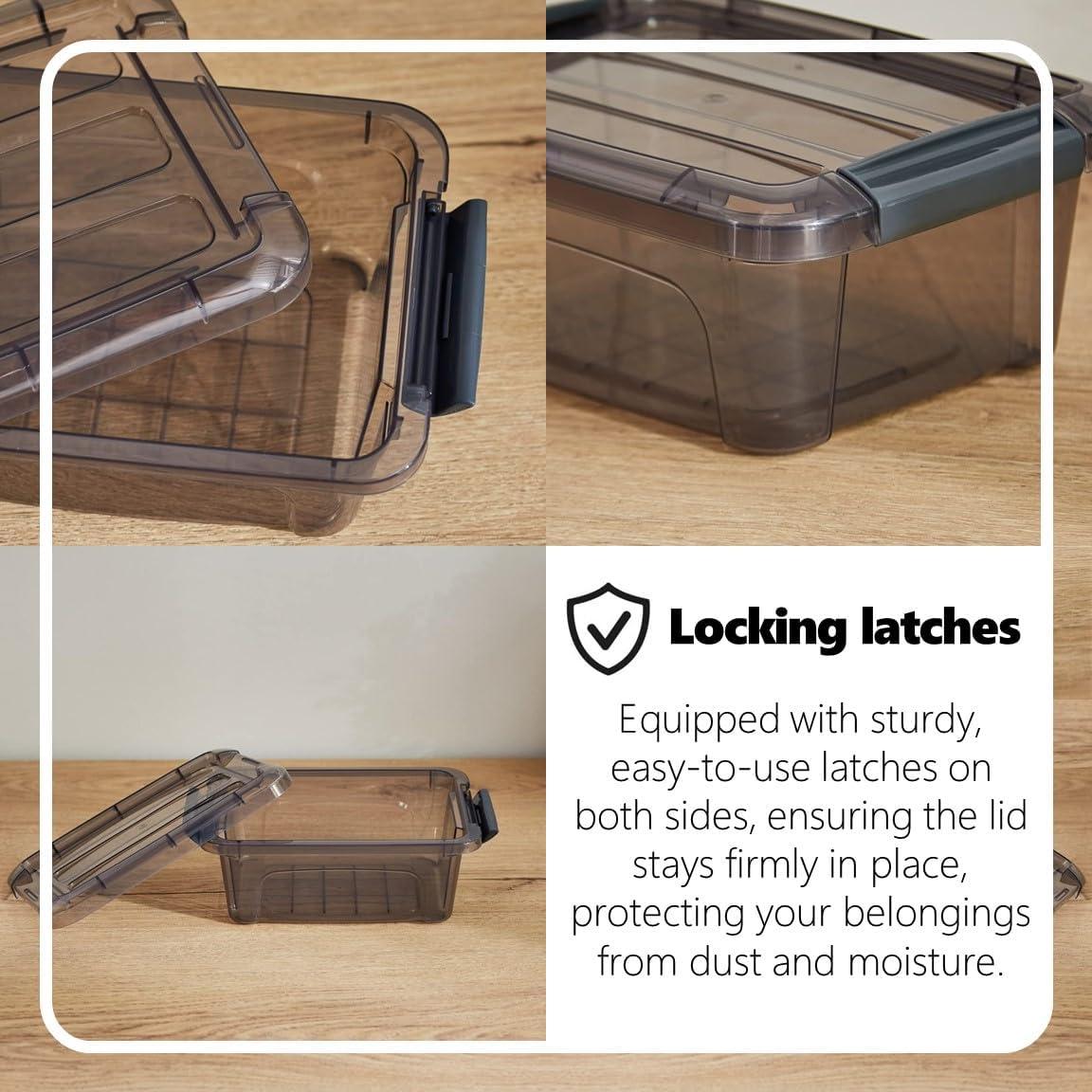 Tribello Small Storage Container Bin With Lids, 1.25Q Mini Plastic Storage Container With Latching Lids For Organizing - Tinted - (8’' x 6” x 3”) 1.25 Quart - Set of 6 - Made in EU