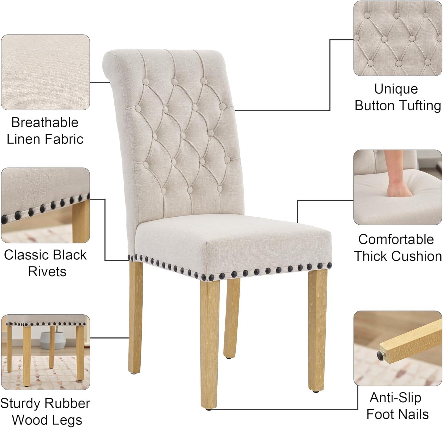 ODUSE-DAILY Velvet Dining Chairs Set of 6, Kitchen & Dining Room Chairs, Nailheads Tufted Chair, Sillas De Comedor, Two-Tone Fabric Upholstered, Wood Legs (Beige & Patterned, 6 Pcs)