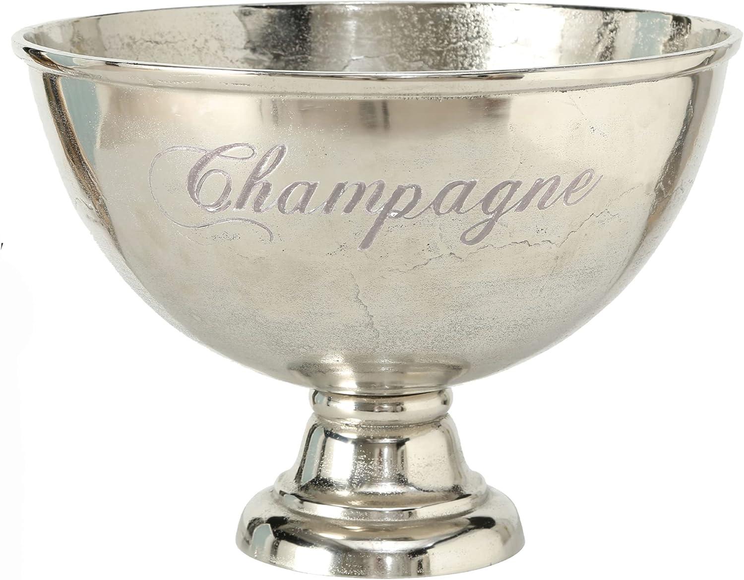 Luxury Champagne Ice Bucket, Elegant Script Text Details, Hand Cast, Silver Aluminum, 18.5 inches