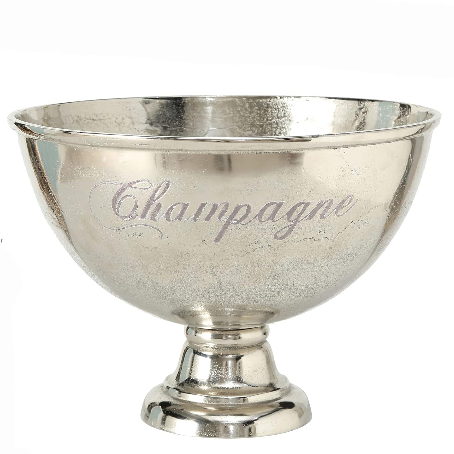 Luxury Champagne Ice Bucket, Elegant Script Text Details, Hand Cast, Silver Aluminum, 18.5 inches