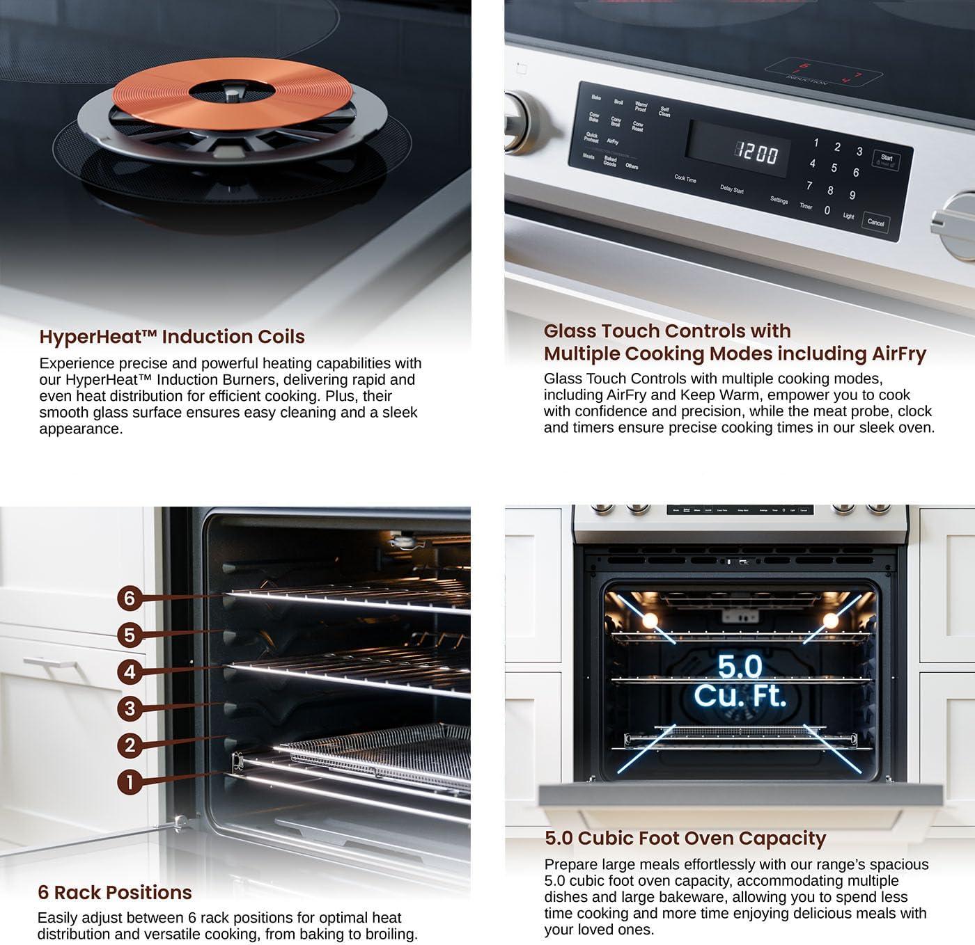 Rangaire RRI303GS 30" Glass Touch Induction Range Oven - Stainless Steel, Induction Burners, True Convection, Self Cleaning, Easy Reach Racks