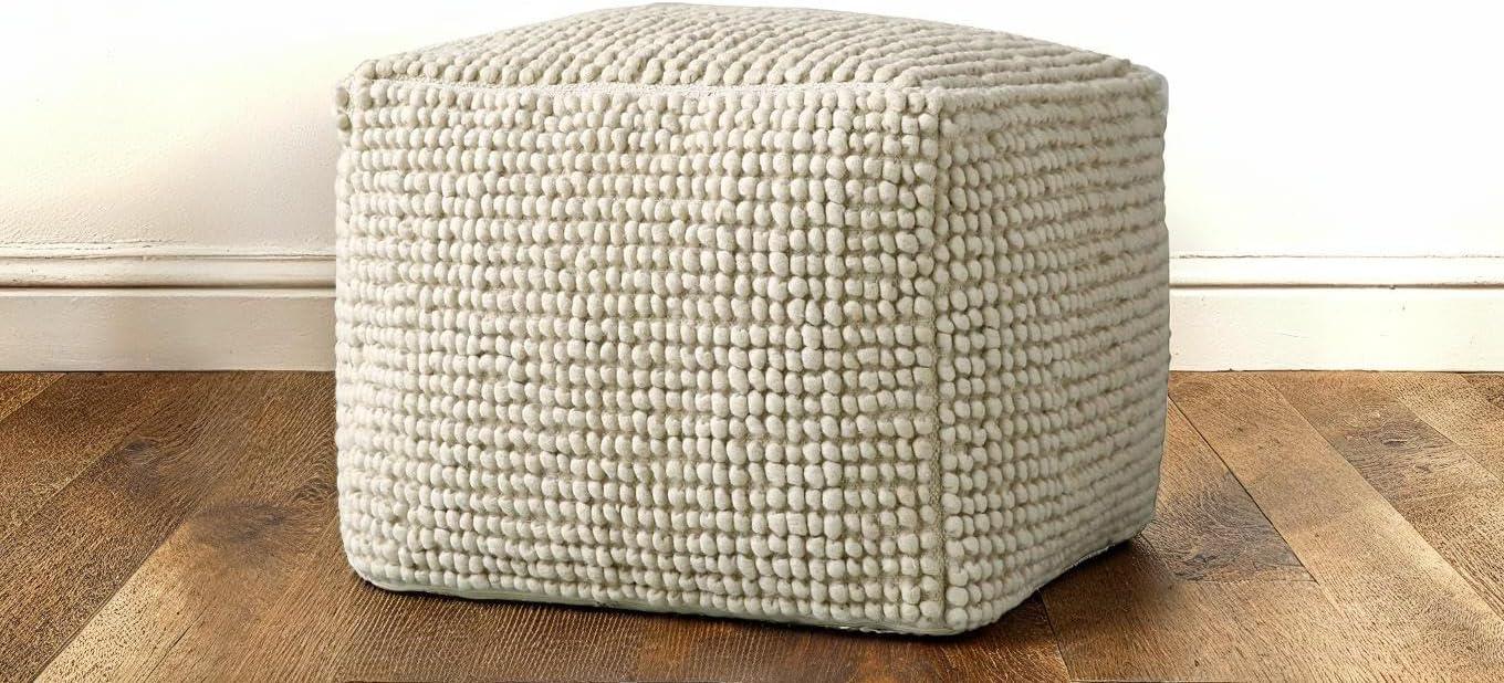 Storied Home New Zealand Pouf Natural: 18" Square Upholstered Ottoman, Wool & Cotton Blend, No Assembly Required
