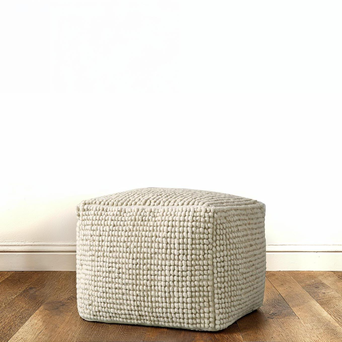Storied Home New Zealand Square Pouf Gray: Upholstered Ottoman, Wool & Cotton Blend, No Assembly Required