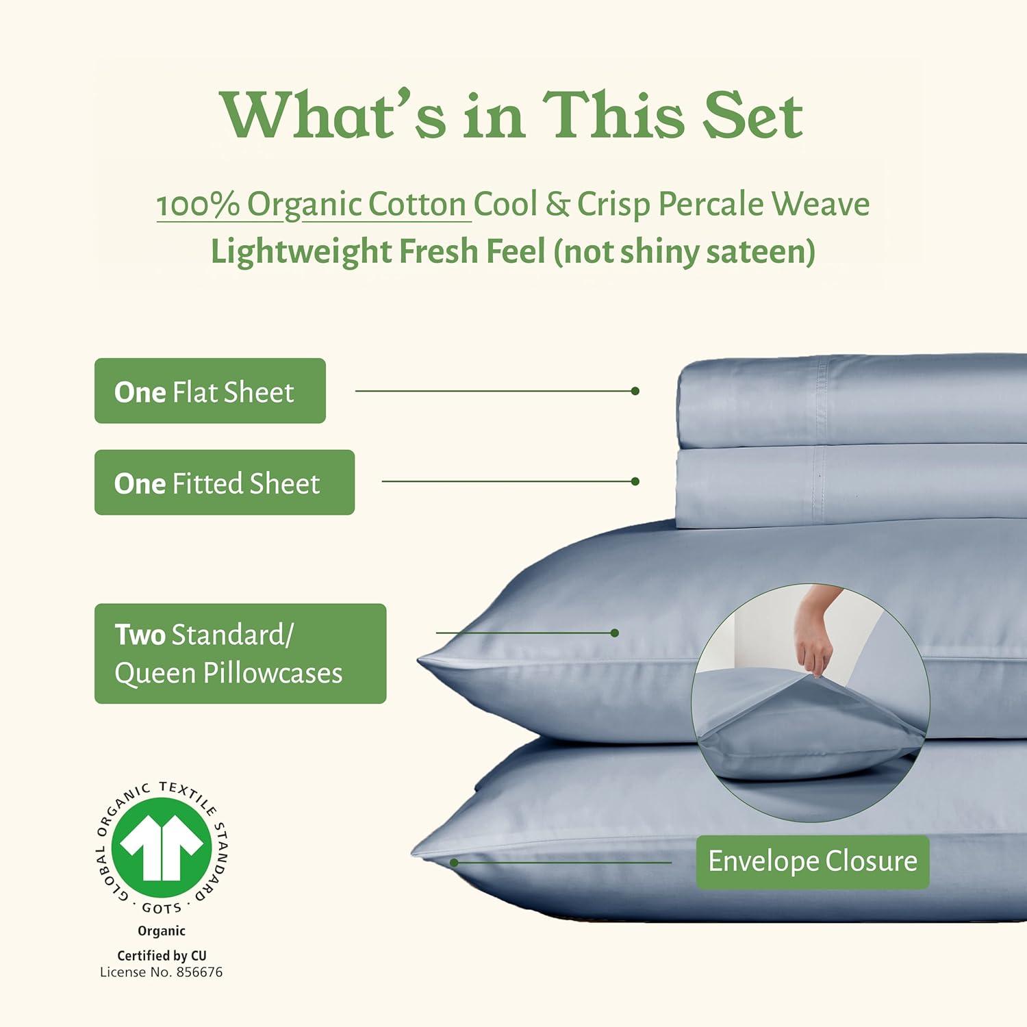 Queen Sheets Set, 100% Organic Cotton Percale, Blue Hydrangea Bed Sheets by California Design Den