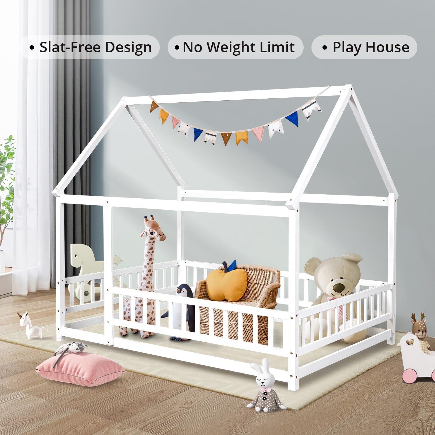 Full Floor Bed for Kids, Wooden House Bed Frame with Roof, Fence Guardrails, Montessori Bed for Toddlers Girl Boys, White