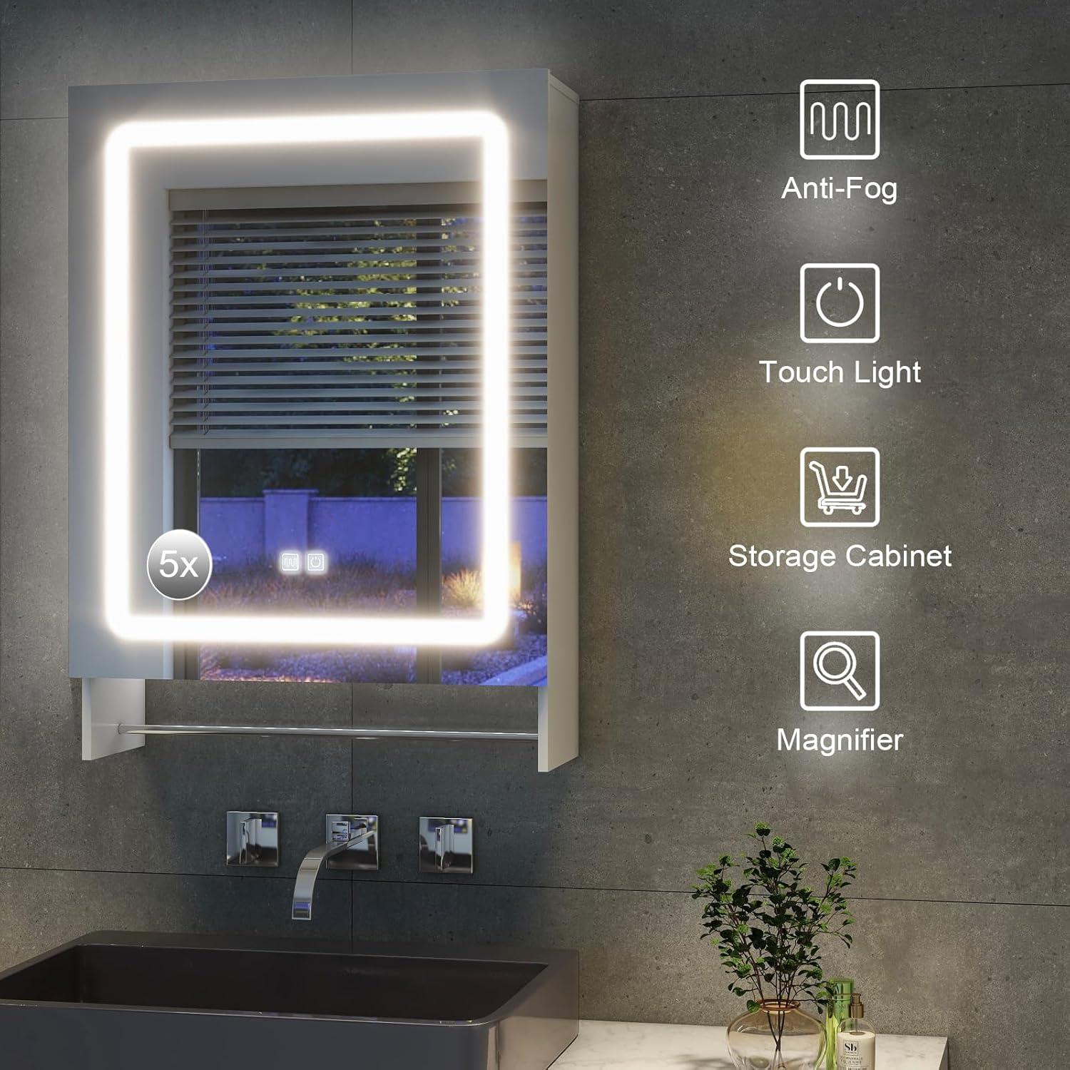 White LED Bathroom Mirror with Triple-Tier Storage and Towel Bar