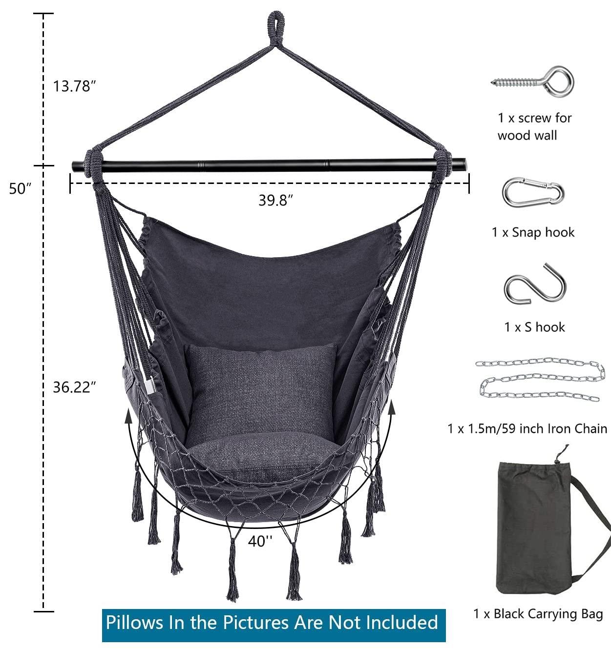 Jelofly Hammock Chair Large Hanging Rope Swing Seat Chair with Pocket Max 350 Lbs Superior Comfortable for Indoor Outdoor Home Bedroom Garden, Seat Cushions Not Included (Dark Grey)
