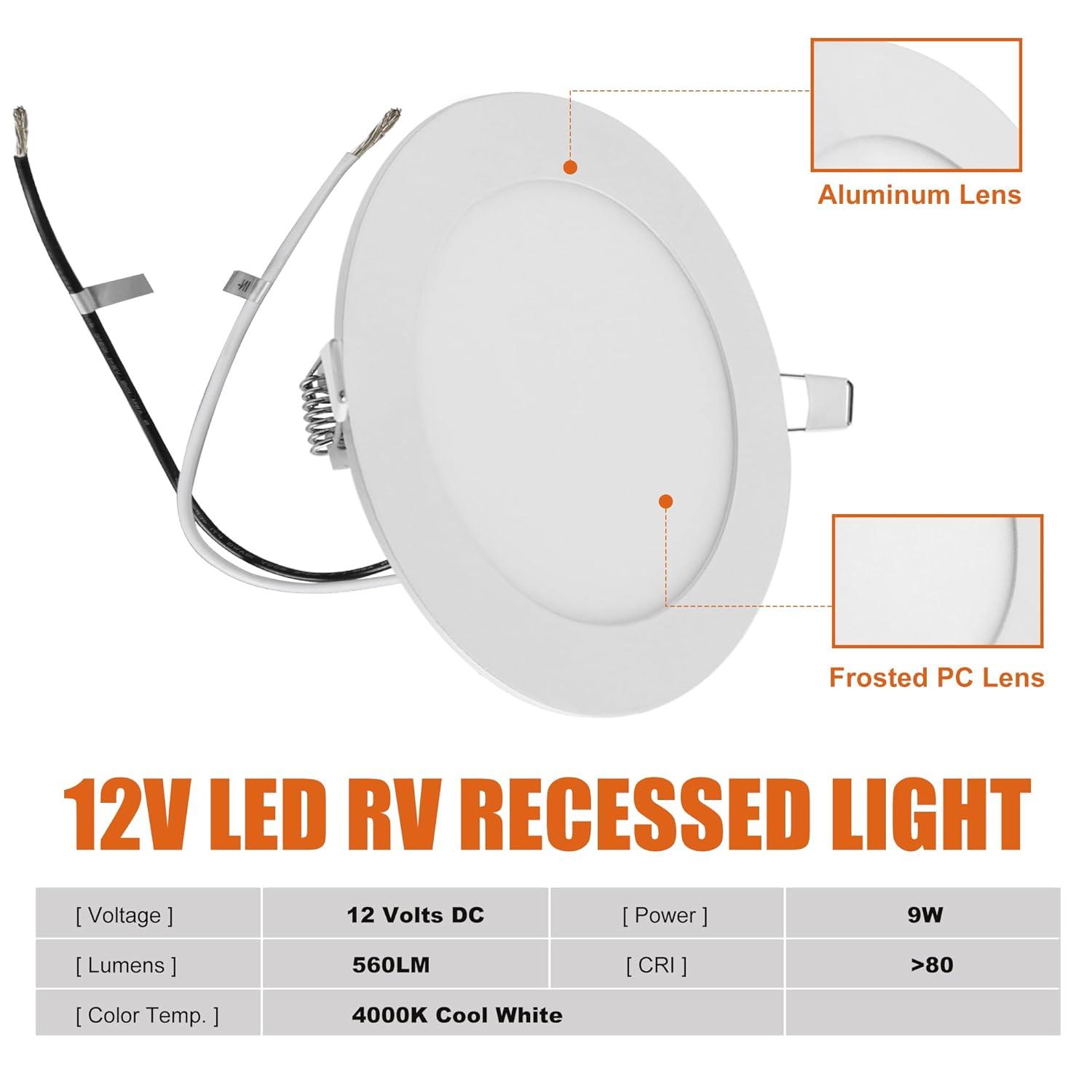 Facon 5Pcs Waterproof Dimmable 5'' 560Lumen 12V RV Bathroom Ceiling Lamp Recessed LED Lighting, Ultra-Thin Puck Light, 4000K Cool White Light, For Camper Van Truck Motorhome Boat Sailboat Roof Car