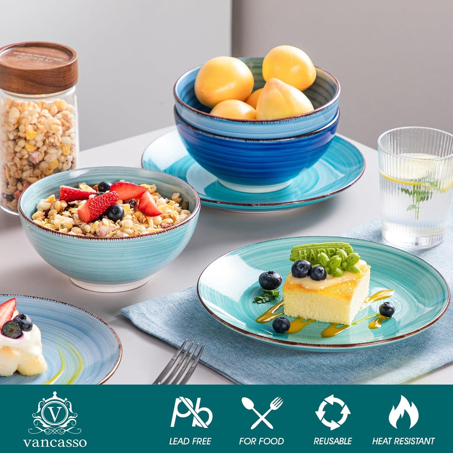 vancasso Bonita Dinnerware Set Blue Stoneware 24 Pieces Service for 6, Handpainted Spirals Pattern Stoneware Combination Set