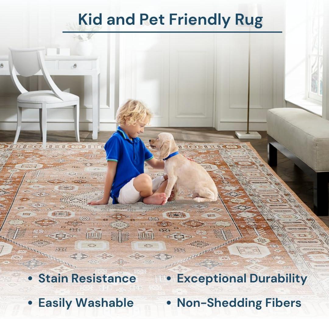 Machine Washable Thin Area Rug - Oriental Vintage Rust Red Kitchen, Bedroom, Hallway, Bathroom, and Entryway 3x5 Rugs - Stain and Water-Resistant - Non-Slip - Pet and Kid Friendly