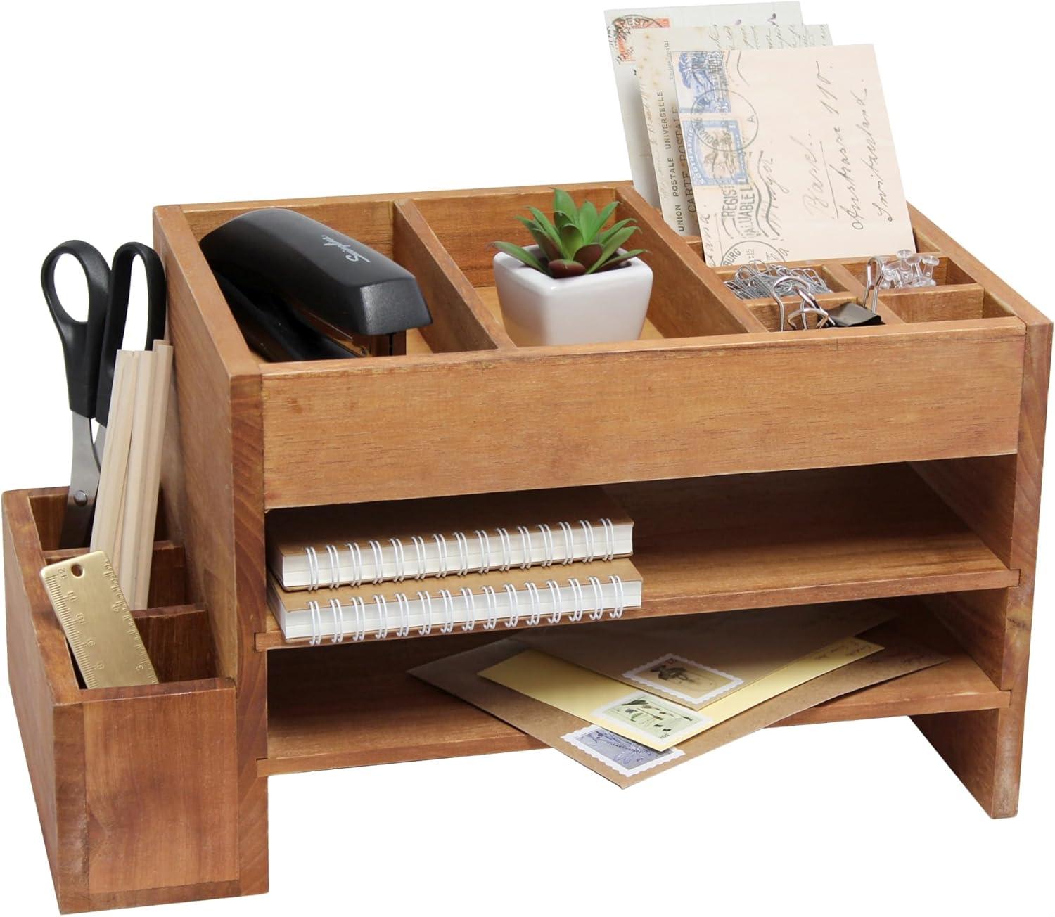 Elegant Designs 15.5" Home Office Tiered Desk Organizer with Storage Cubbies, Letter Tray, Natural Wood