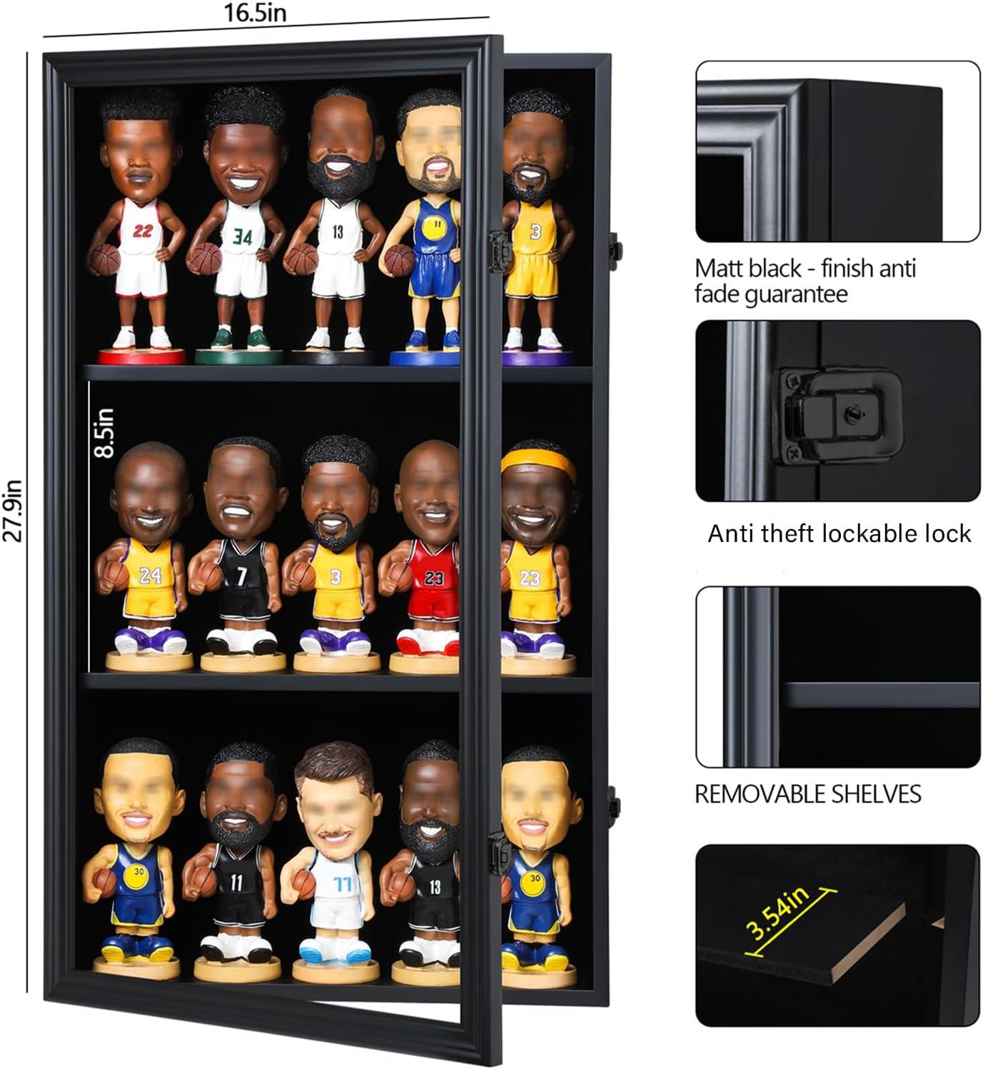 Bobblehead Display Case Action Figure Display Case Bobble Head Shadow Box Wall Cabinet for 15 Figurines Display with Lockable Anti Fade Uv Protection for Bobble Heads, Action Toy Figures, Black