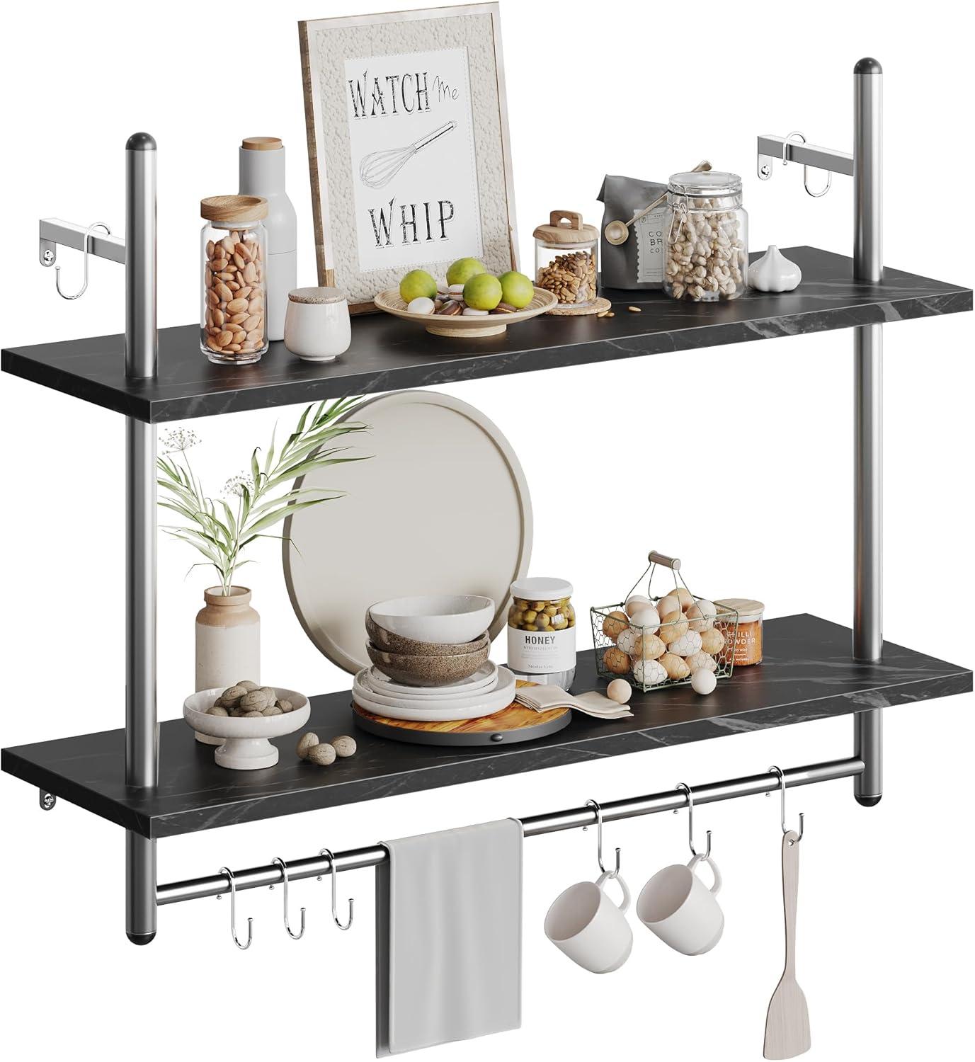 Bestier Industrial Pipe Shelf Bathroom Shelves with Towel Bar, 31 inch Floating Shelves 2 Tier for Wall Storage, Kitchen Wood Wall Mounted Shelf Display Rack for Living Room Bedroom, Black Marble