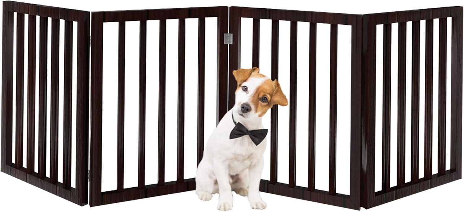 Indoor Pet Gate - 4-Panel Folding Dog Gate for Stairs or Doorways - 73x24-Inch Freestanding Pet Fence for Cats and Dogs by PETMAKER (Brown)