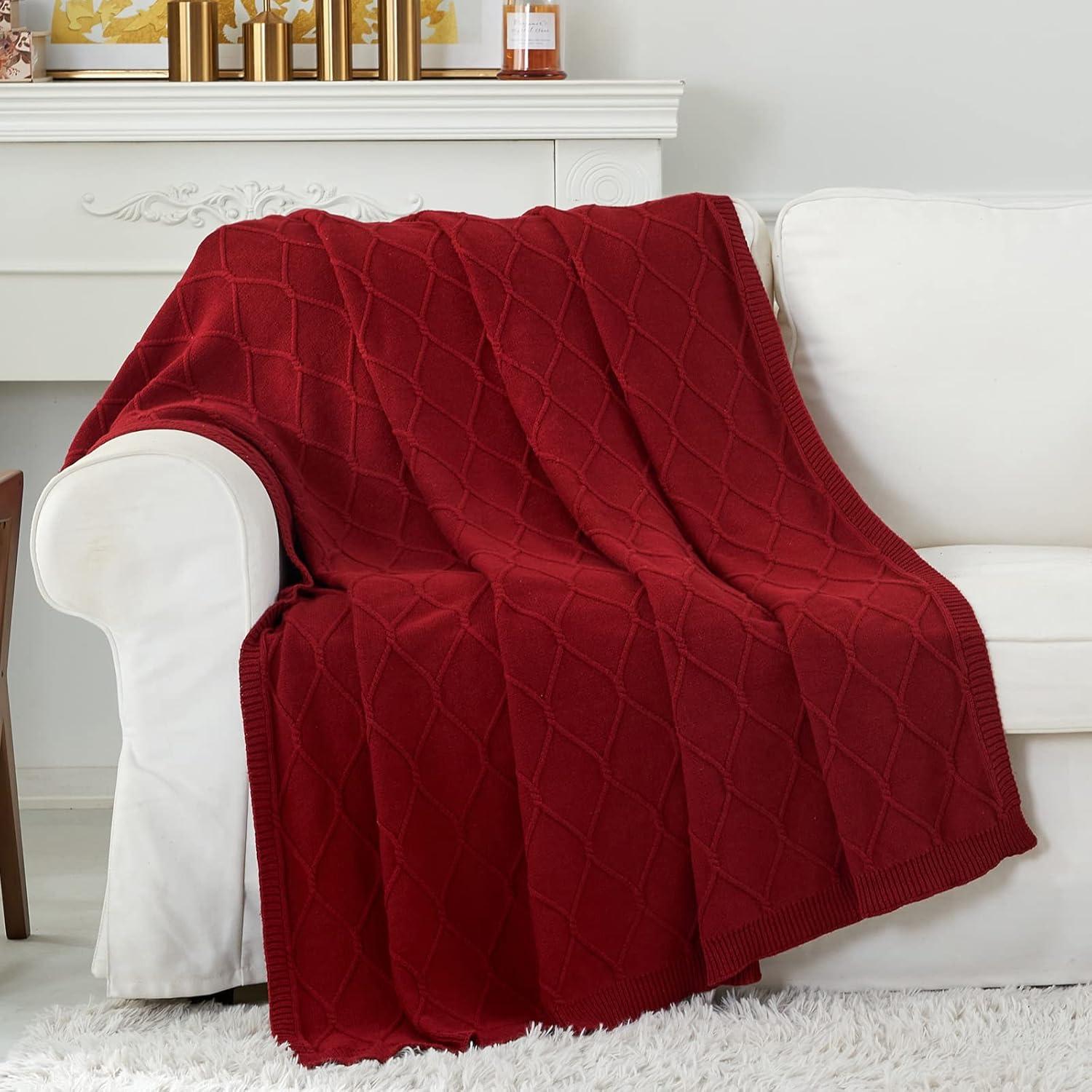 Longhui bedding 100% Cotton Burgundy Cable Knit Throw Blanket with Bonus Laundering Bag – Large 50 x 63 Inch Thick, Extra Cozy, Machine Washable, Home Decor, 2.35LB