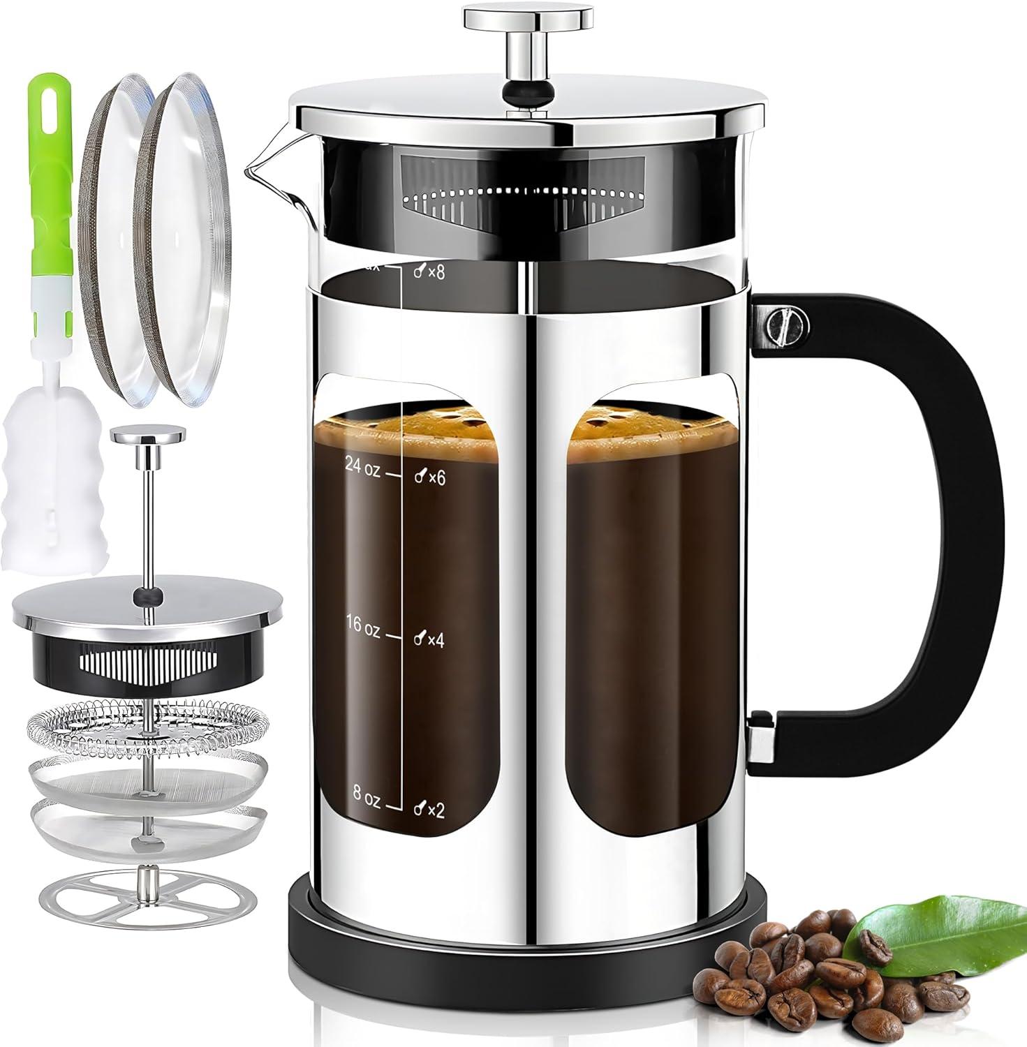 YMMIND French Press Coffee Maker (34oz 1Quart 5-6Cup) Coffee Press, with 4 Filters System, Heat Resistant Thickness Borosilicate Glass, Cold Brew Coffee Tea Pot Gifts (Silvery)