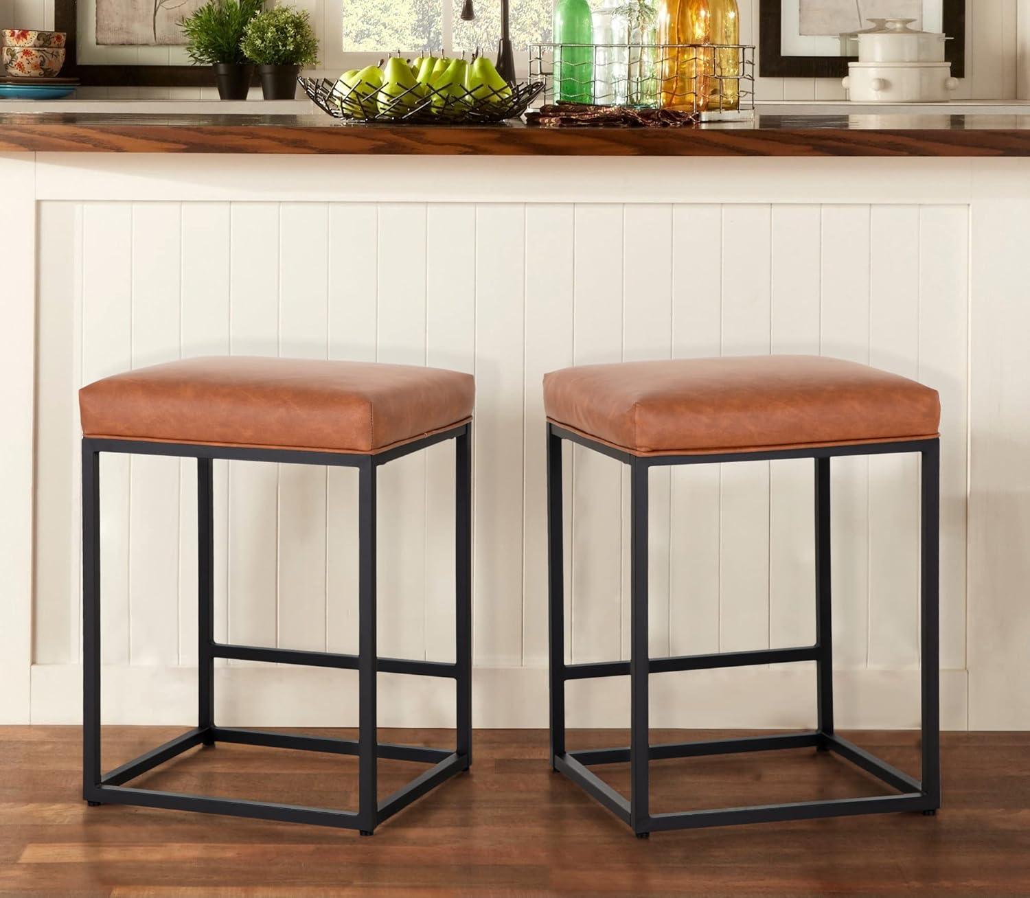 24 Inch Brown Faux Leather Metal Backless Bar Stools, Set of 2