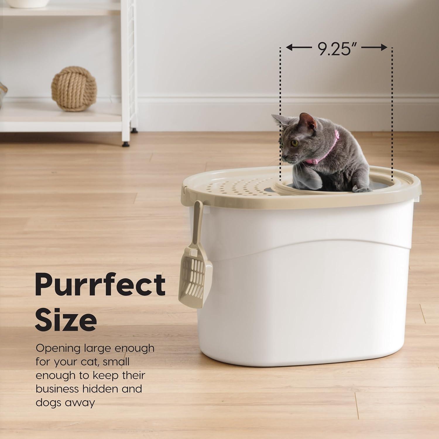 White and Beige Top Entry Cat Litter Box with Scoop