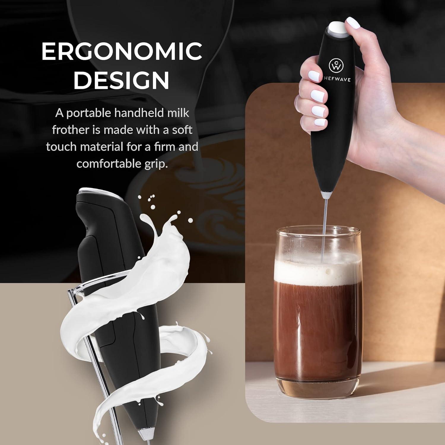 ChefWave Handheld Milk Frother (Black) with Stand - Stainless Steel Drink Mixer - Milk Foamer for Coffee, Lattes, Cappuccino, Frappe, Matcha, Hot Chocolate