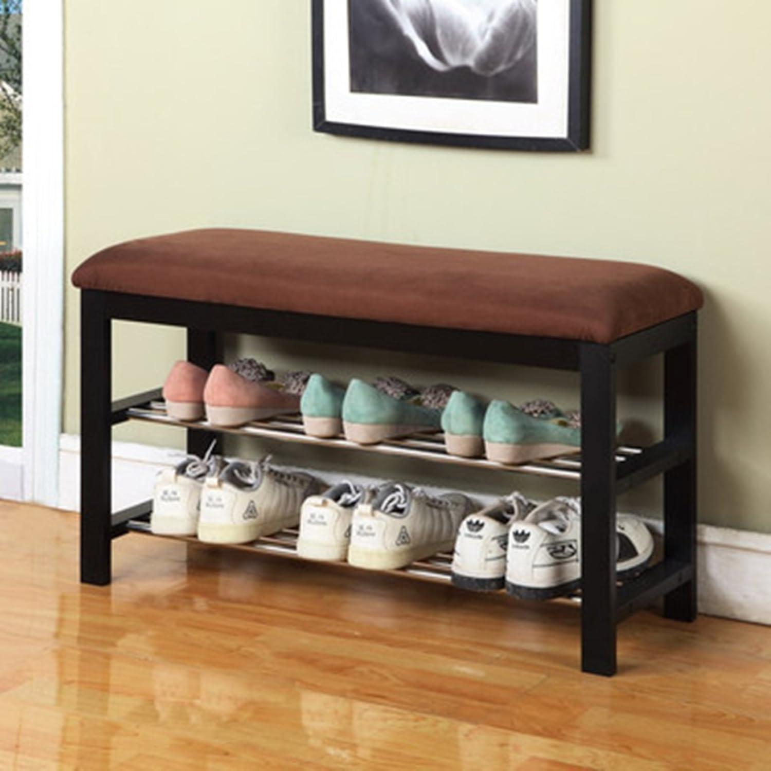 Roundhill Furniture Wood Shoe Bench with Chocolate Microfiber Seat, Black