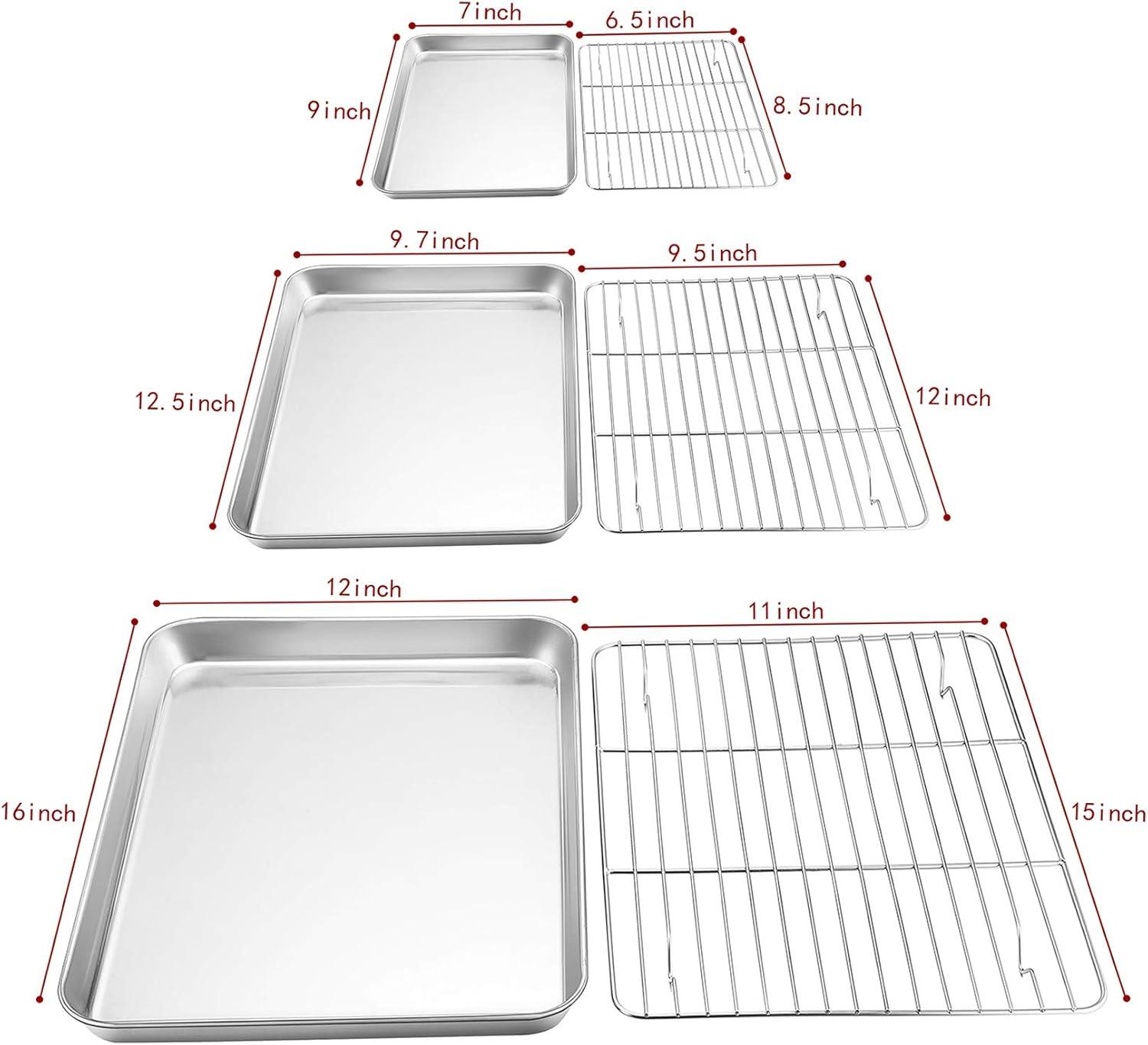 P&P CHEF Baking Sheet and Rack Set, 6 PACK (3 Sheets 3 Racks), Stainless Steel Baking Cookie Sheets Pans with Cooling Rack for Baking and Roasting, Oven & Dishwasher Safe 16"+12.5"+9" (3 Pans+3 Racks)