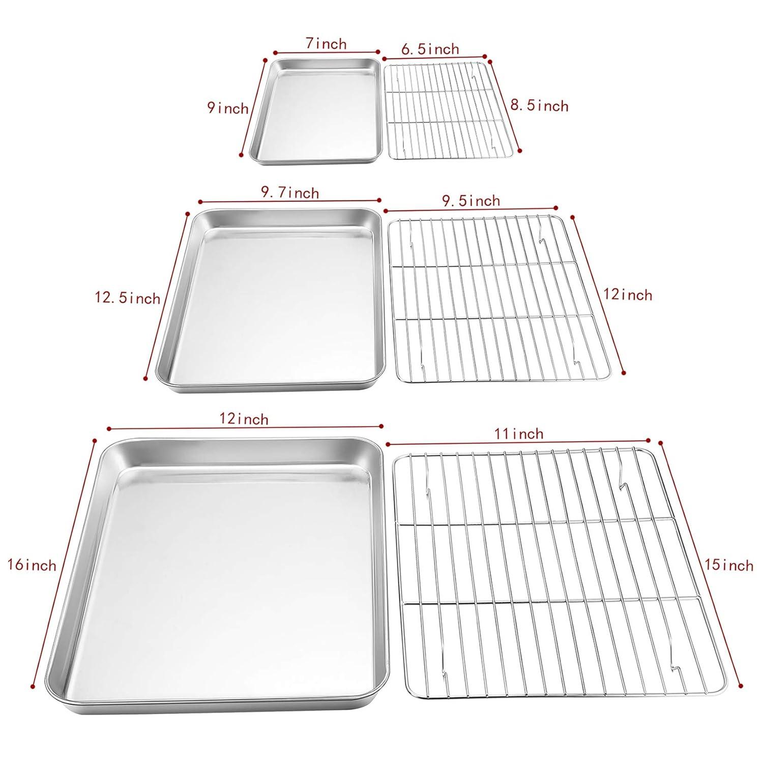 P&P CHEF Baking Sheet and Rack Set, 6 PACK (3 Sheets 3 Racks), Stainless Steel Baking Cookie Sheets Pans with Cooling Rack for Baking and Roasting, Oven & Dishwasher Safe 16"+12.5"+9" (3 Pans+3 Racks)