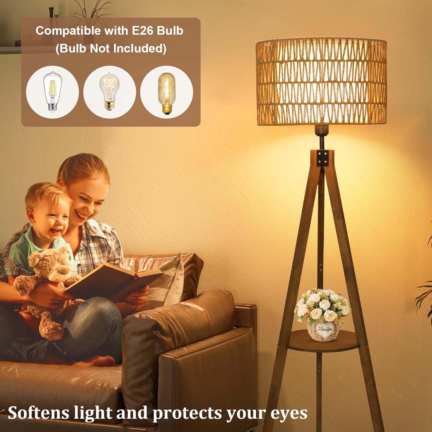 Boho Tripod Floor Lamp with Shelves, Mid Century Wood Standing Lamp with Rattan & Fabric Shades, ON/Off Foot Switch, Modern Farmhouse Tall Floor Lamps for Living Room Bedroom Office