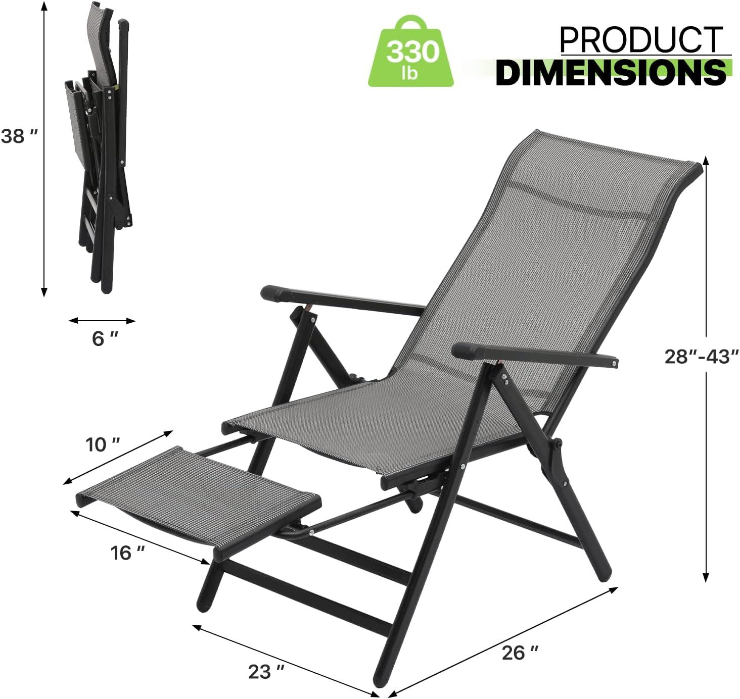 Magshion 2 Pieces Foldable Outdoor Lounge Chair with Retractable Footrest, Zero Gravity Reclining Chair with Armrests, 95-140° Adjustable Angle, Grey