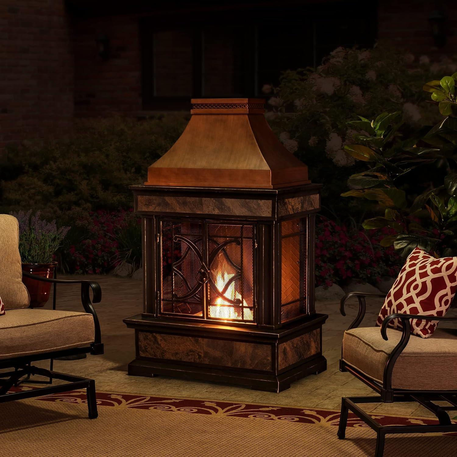 Copper and Gray Tile Outdoor Wood Burning Fireplace