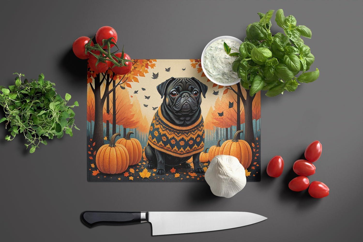 Black Pug Fall Glass Cutting Board Large