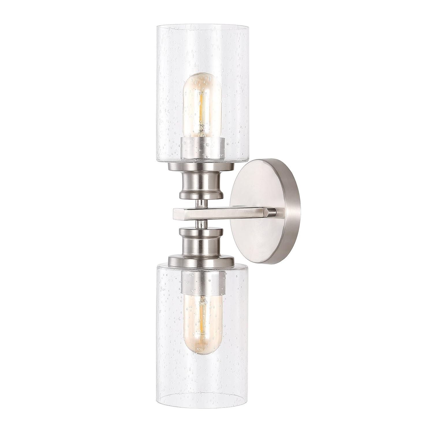 JONATHAN Y Jules Edison 16.5" Cylinder 2-Light Iron/Seeded Glass Farmhouse Contemporary LED Wall Sconce, Nickel