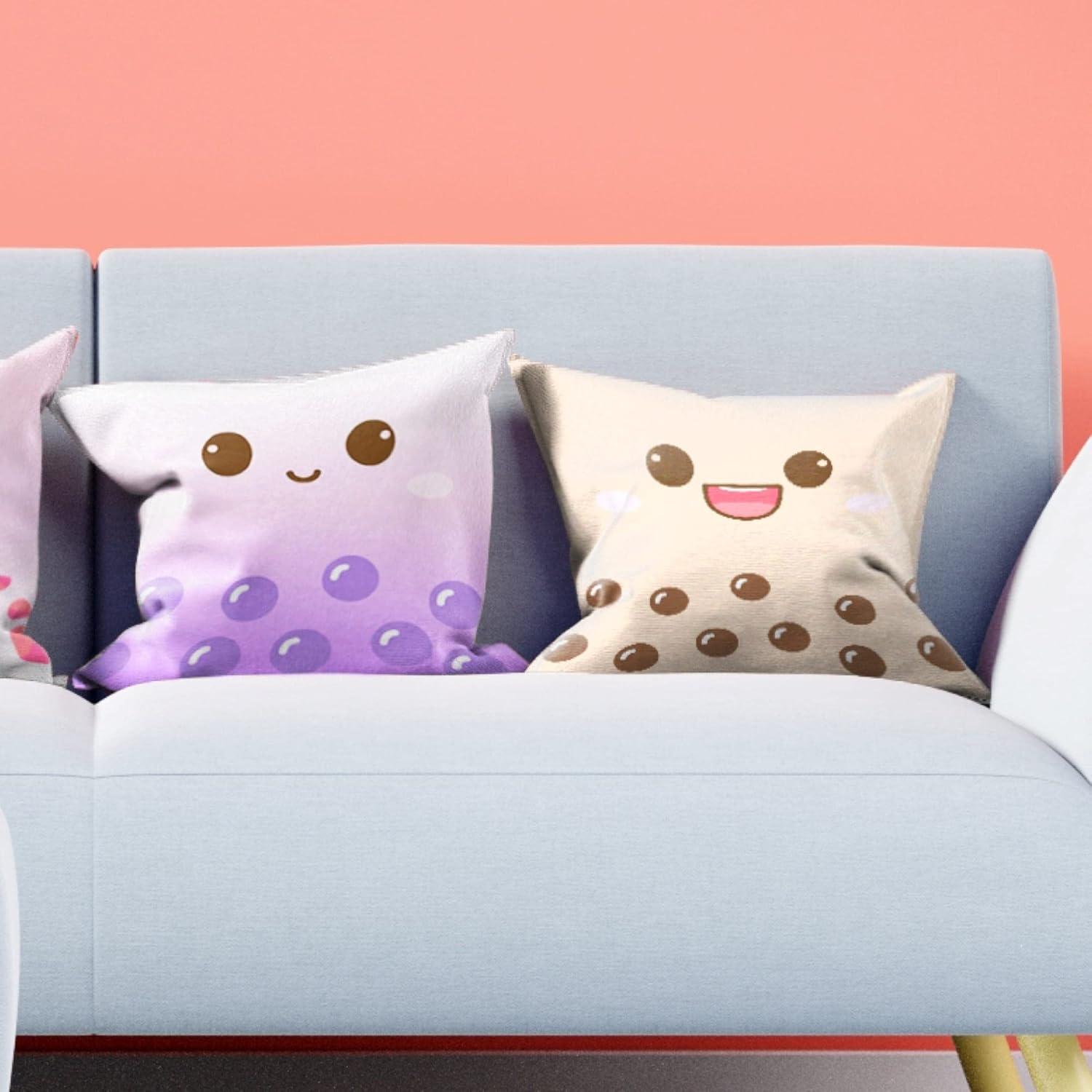 Kawaii Boba Tea Cartoon Faces Pillow Covers Set